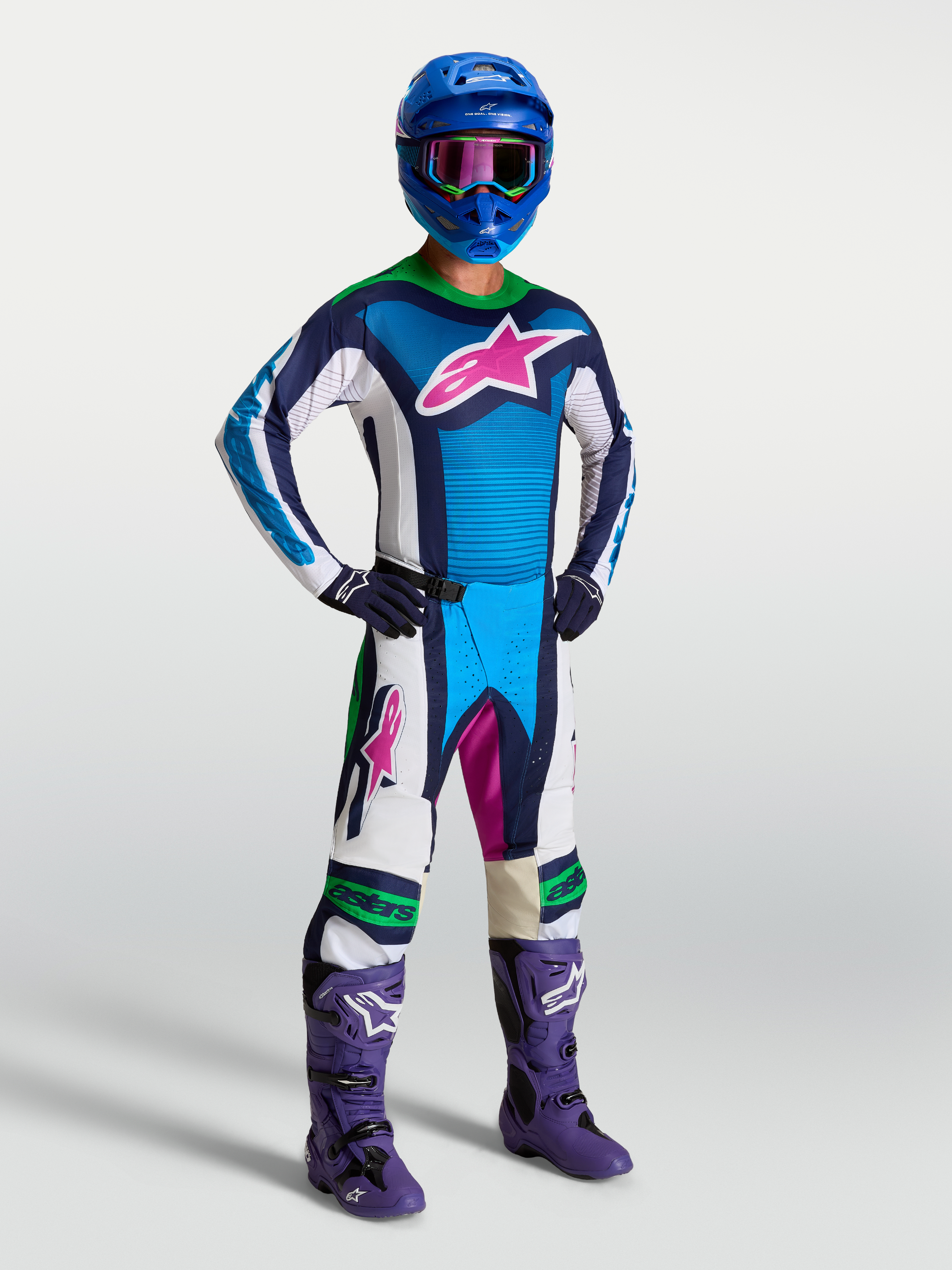 Alpinestars Techstar Maven Hose UND Techstar Maven Gear Set, blau-weißes Herren-Motocross-Outfit mit neongrünen Akzenten.