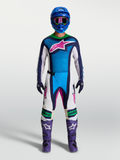 Alpinestars Techstar Maven Gear Set und Hose, Herren-Motocross-Outfit in Blau und Weiß mit Akzenten in Pink.