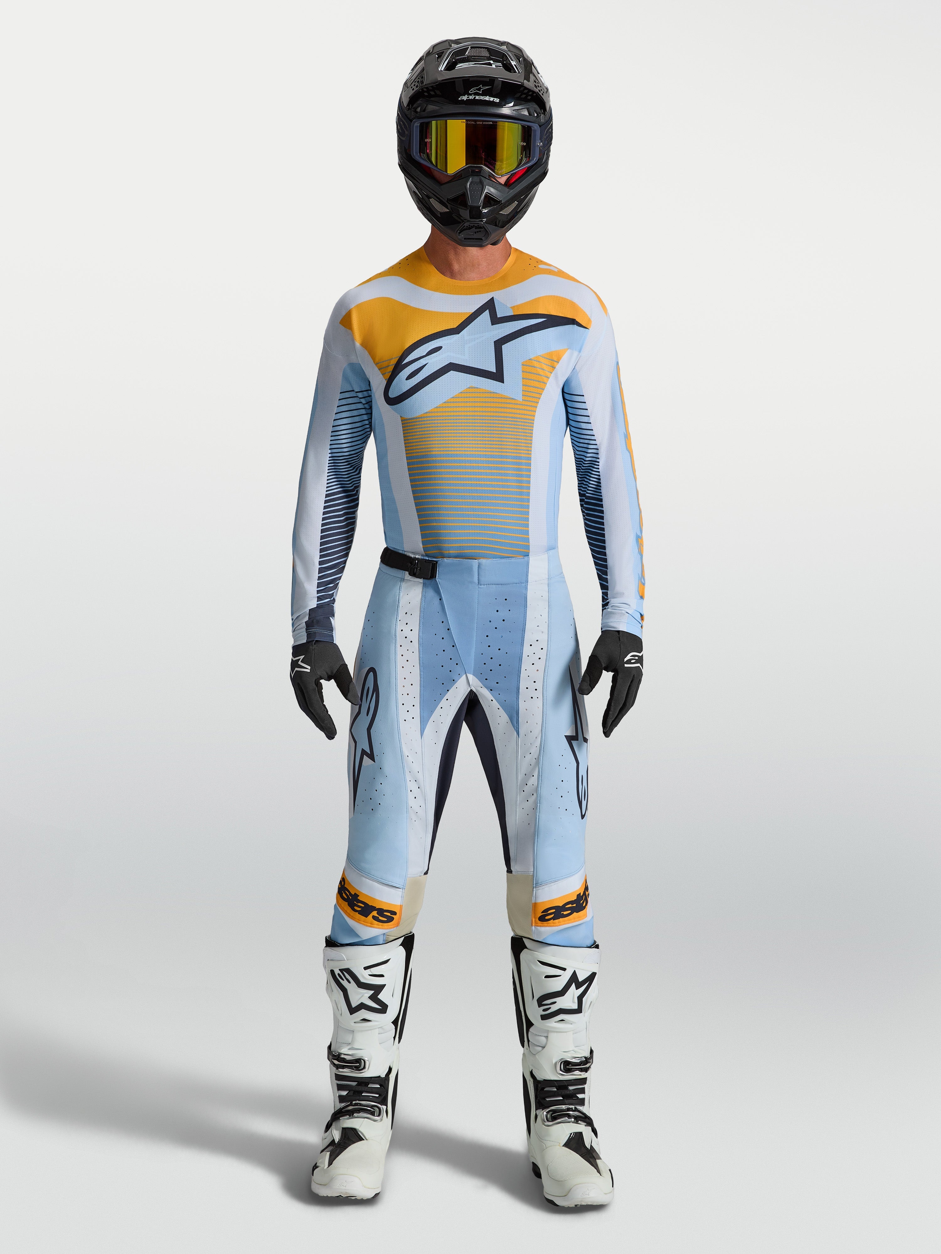 Alpinestars 2027 Techstar Maven MX Pants, Men's Motocross Gear, Dust Blue and Tangerine, performance athletic fit design.