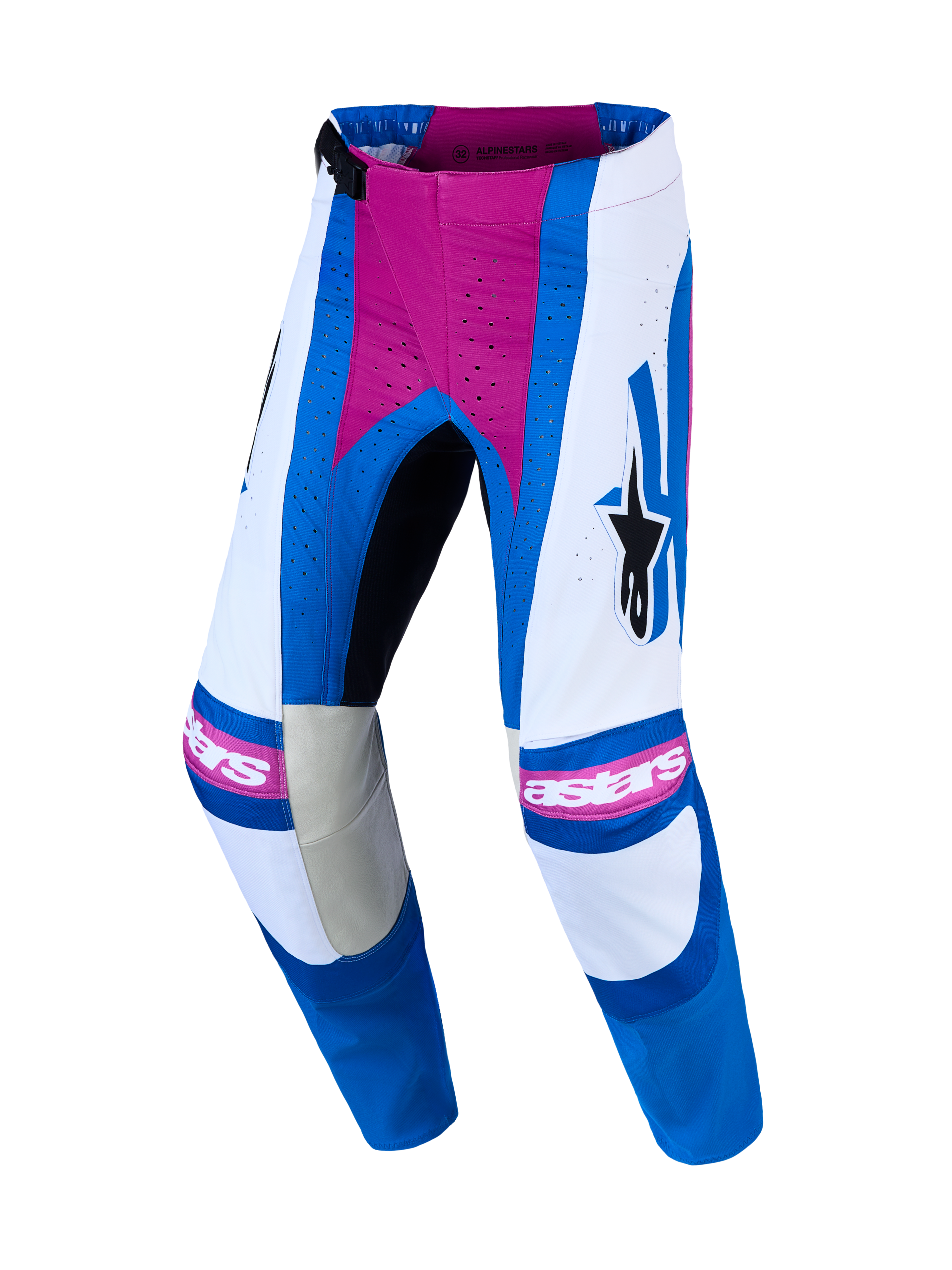 Alpinestars Techstar Maven Hose, Motocross-Hose für Herren, Weiß und Blau mit Akzenten in Hot Coral, Laserperforationen und strapazierfähigem 600D-Polygewebe.