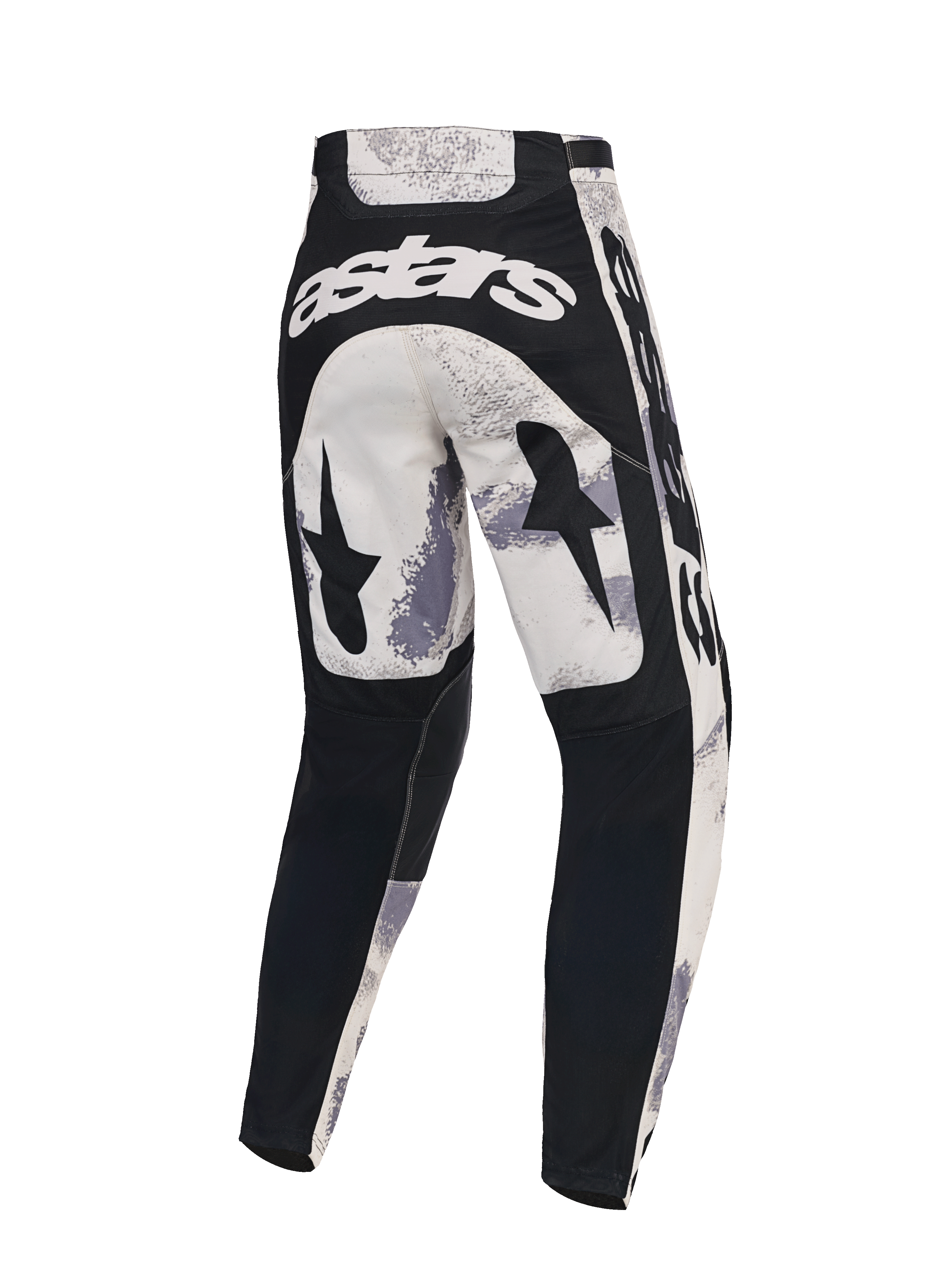 Alpinestars 2026 Racer Lahnd Hose, Motocross-Hose, Sand Camo und Grau, Rückansicht mit weißem Astars-Branding am Rücken, schwarzen Stern-Grafiken auf den Oberschenkeln und schwarzen Einsätzen an den Unterschenkeln, ergonomisches Design für Offroad-Rennsport
