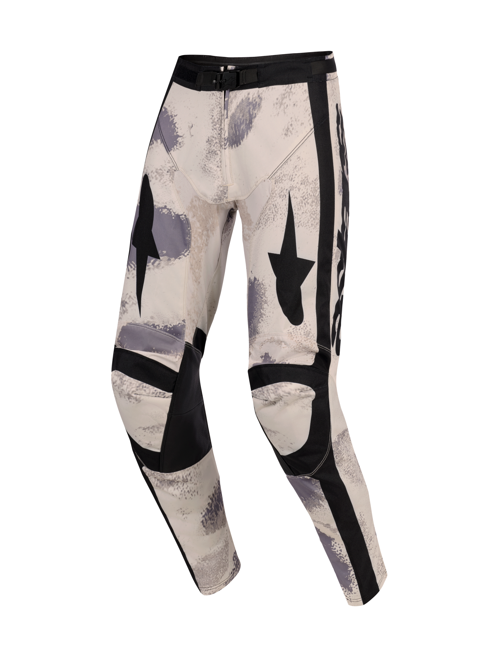 Alpinestars 2026 Racer Lahnd Hose, Motocross-Hose, Sand Camo, cremeweiße Basis mit grauen und schwarzen Pinselstrich-Mustern, schwarze Stern-Grafiken auf den Oberschenkeln, verstärkte schwarze Kniepaneele und verstellbare Taillenschnalle, ergonomisches Offroad-Renndesign