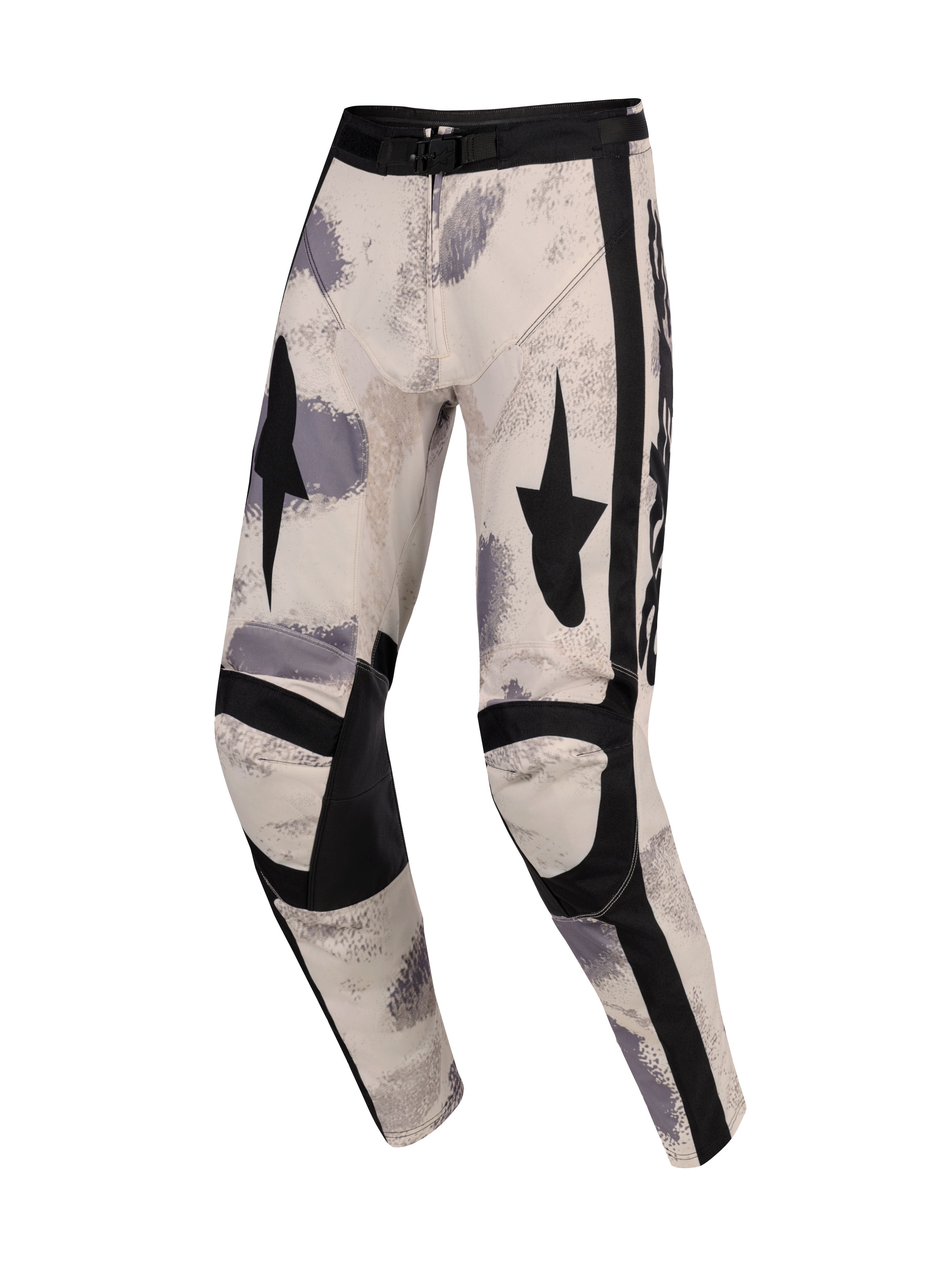 Alpinestars 2026 Racer Lahnd Hose, Motocross-Hose, Sand Camo, cremeweiße Basis mit grauen und schwarzen Pinselstrich-Mustern, schwarze Stern-Grafiken auf den Oberschenkeln, verstärkte schwarze Kniepaneele und verstellbare Taillenschnalle, ergonomisches Offroad-Renndesign