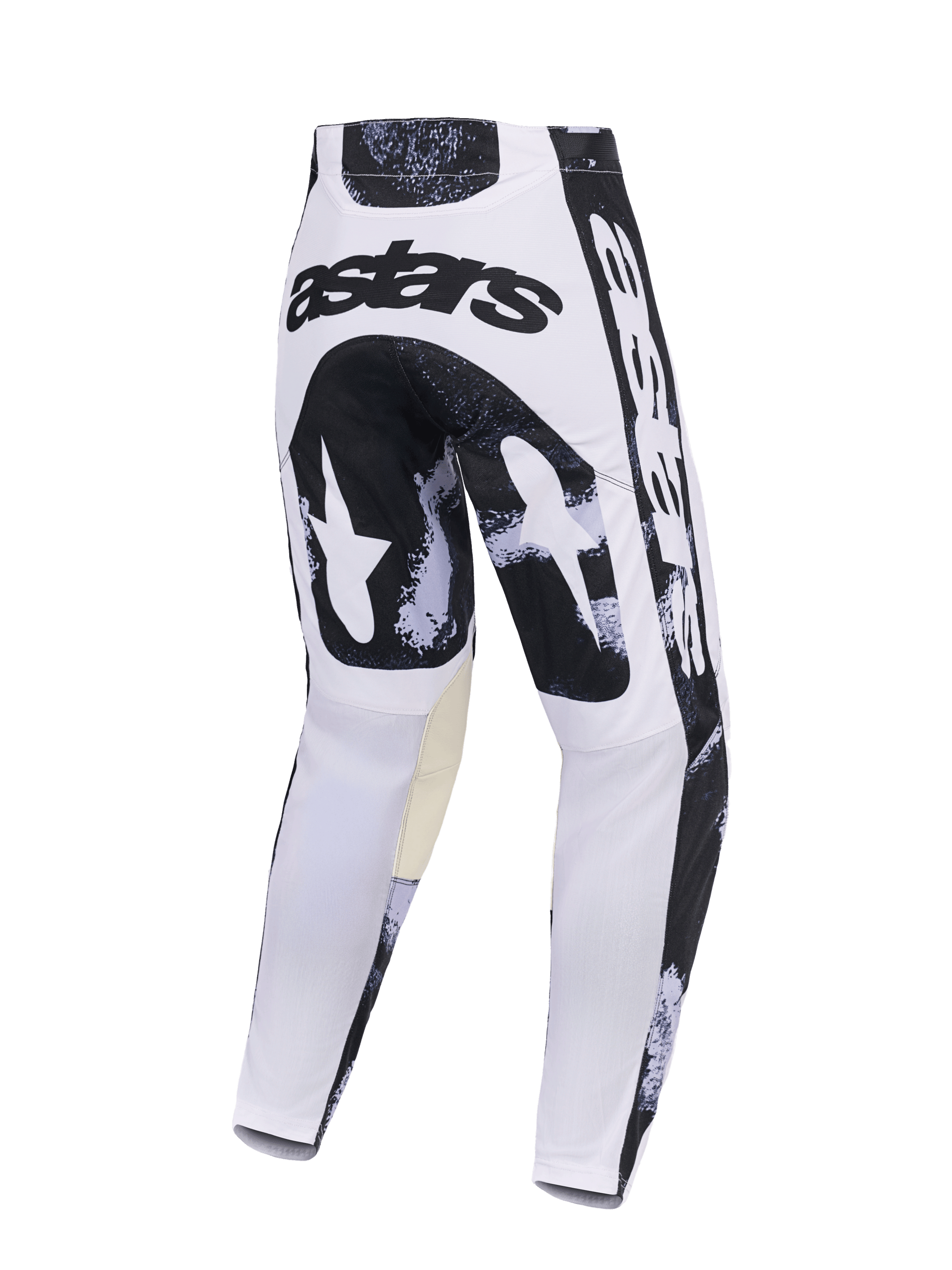 Alpinestars 2026 Racer Lahnd Pants, Motocross Pants, Iron Camo, back view featuring a white and black camo design, 'astars' logo on the seat, tan inner knee panels, durable polyfabric construction for off-road racing