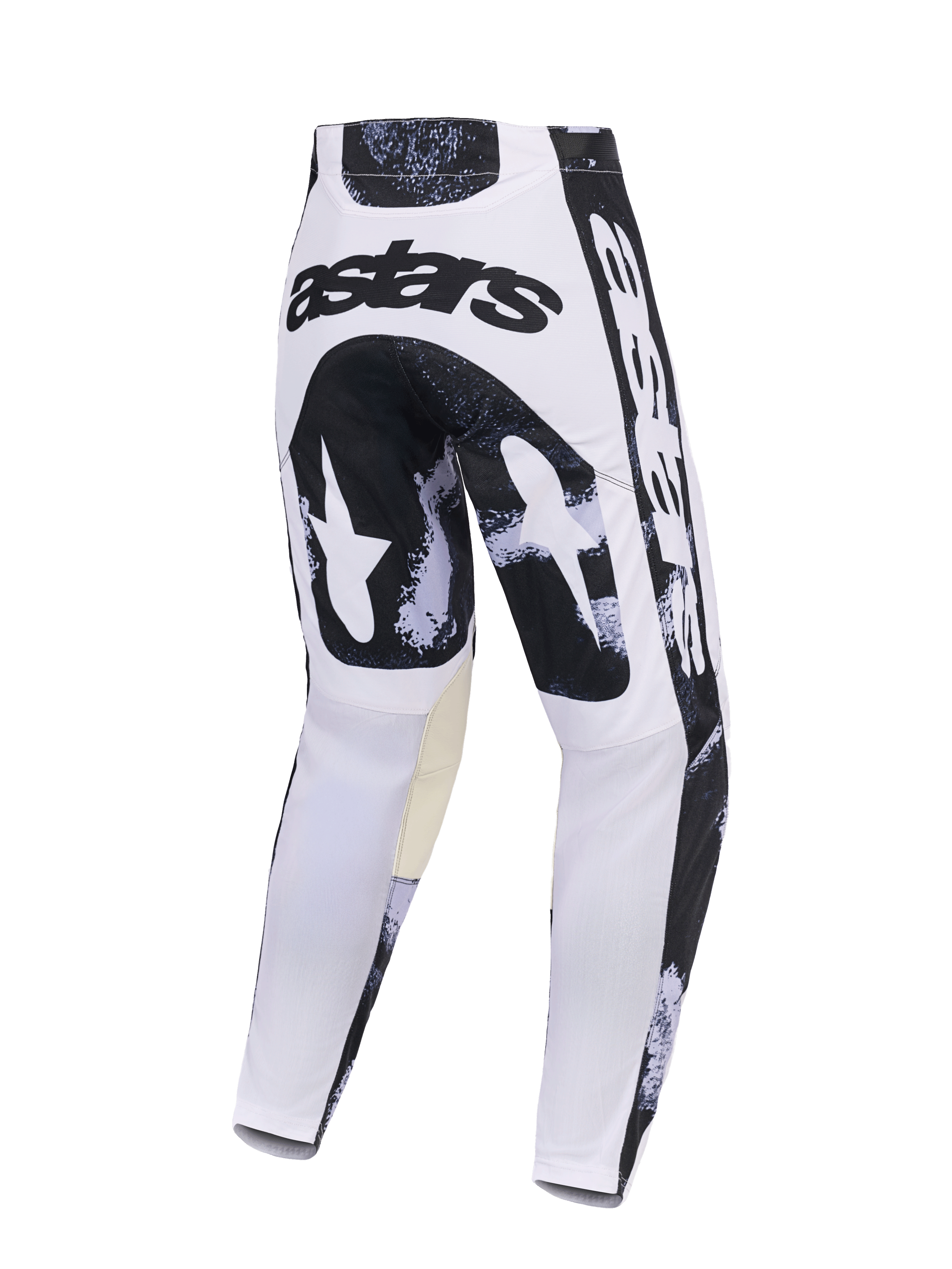 Alpinestars 2026 Racer Lahnd Pants, Motocross Pants, Iron Camo, back view featuring a white and black camo design, 'astars' logo on the seat, tan inner knee panels, durable polyfabric construction for off-road racing