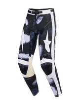 Alpinestars 2026 Racer Lahnd Pants, Motocross Pants, Iron Camo Gray and Black, featuring large white star logos on thighs, white side stripes, beige leather inner knee panels, and a pre-curved performance fit.