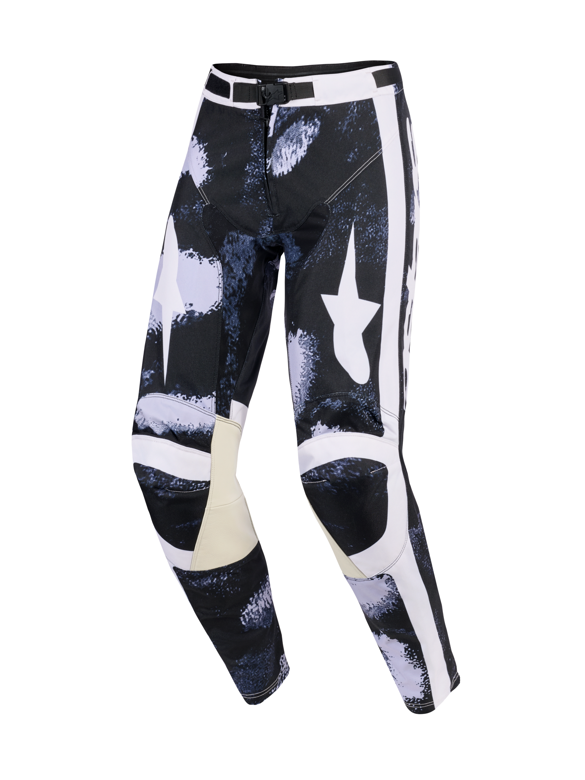 Alpinestars 2026 Racer Lahnd Pants, Motocross Pants, Iron Camo Gray and Black, featuring large white star logos on thighs, white side stripes, beige leather inner knee panels, and a pre-curved performance fit.