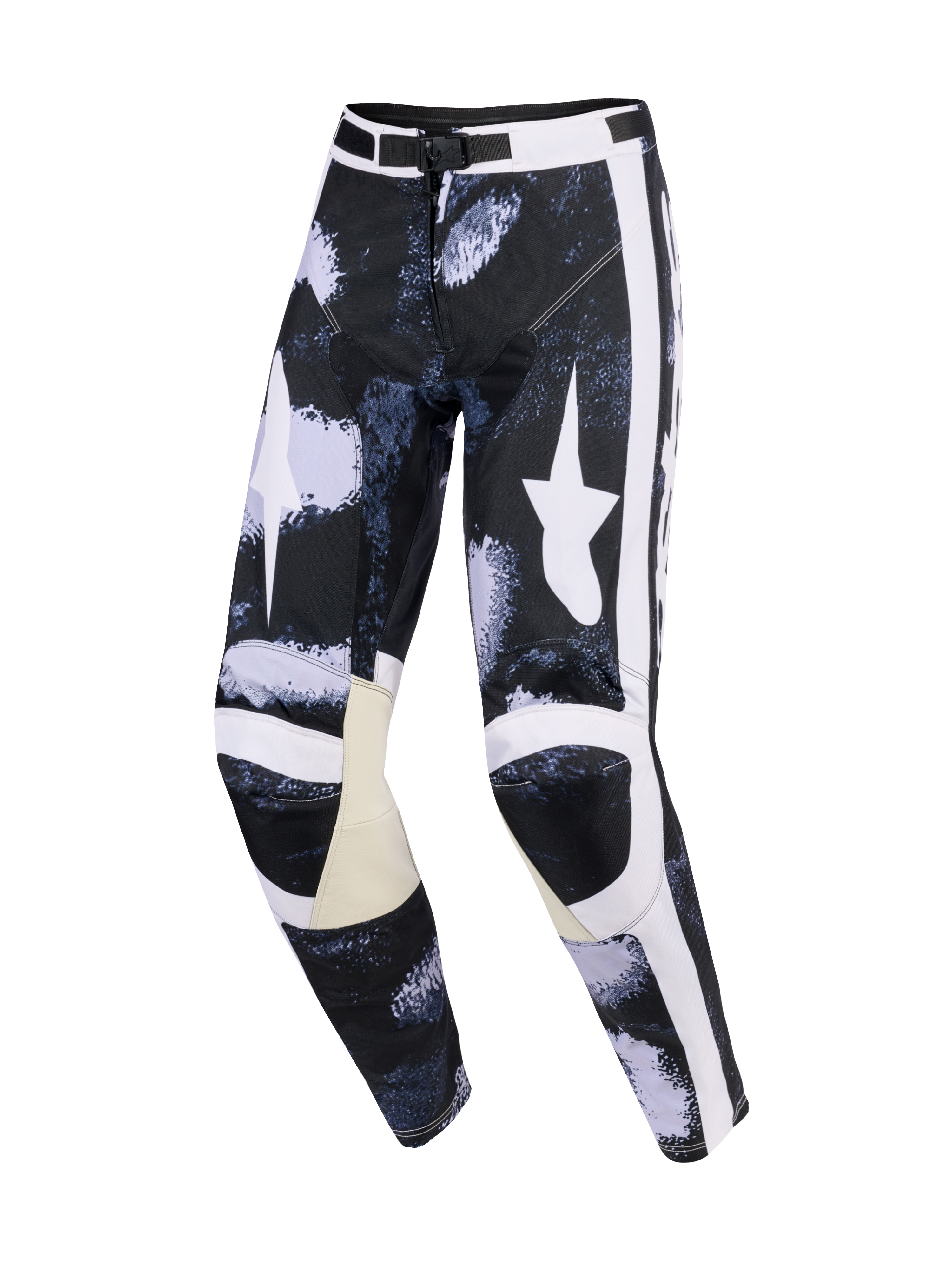 Alpinestars 2026 Racer Lahnd Pants, Motocross Pants, Iron Camo Gray and Black, featuring large white star logos on thighs, white side stripes, beige leather inner knee panels, and a pre-curved performance fit.