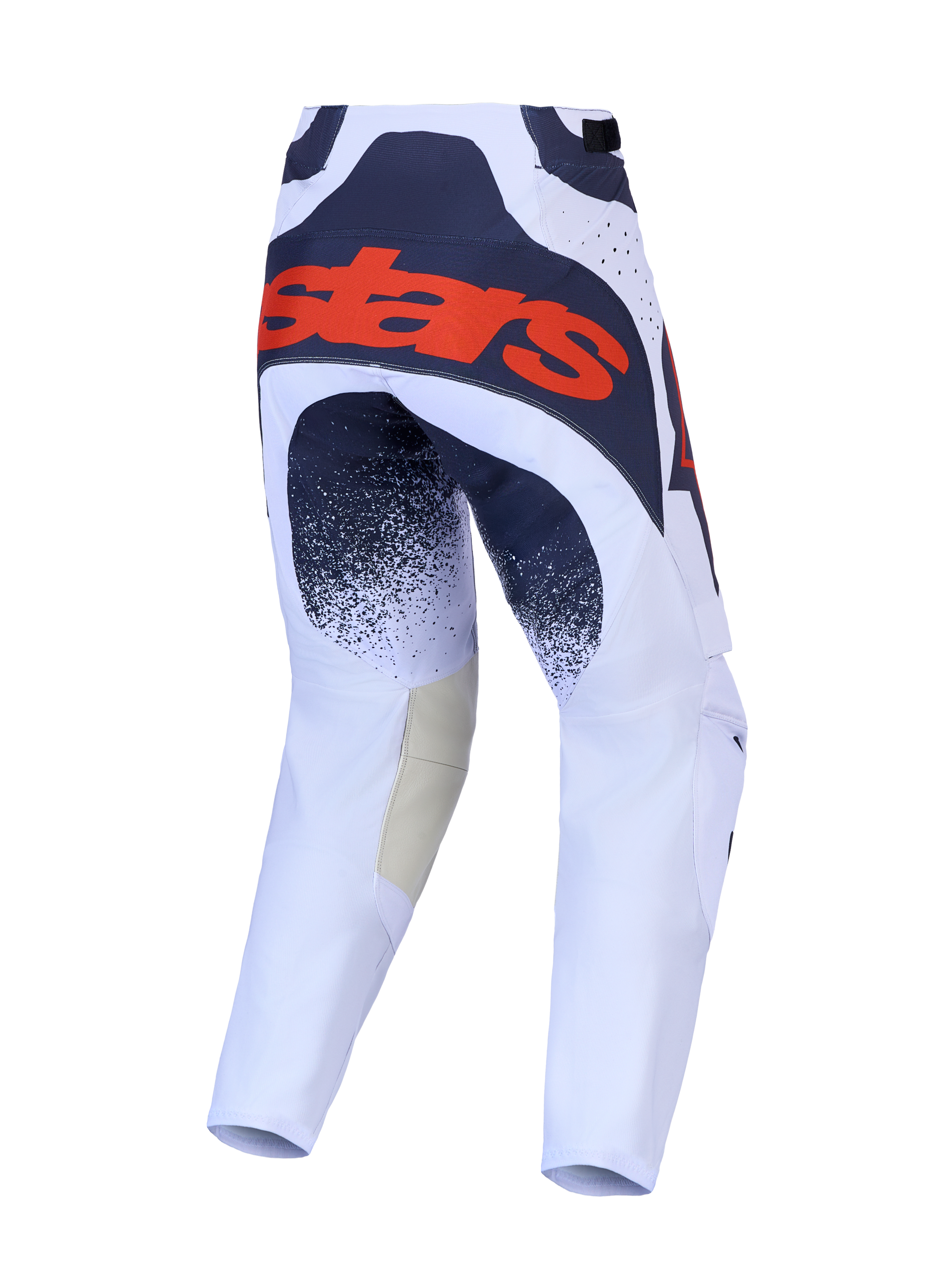 Alpinestars Techstar Swan Hose, Motocross-Hose in Helllila und Dunkelgrau, Rückansicht mit markantem rotem Fluo-Logo auf dem Gesäß, robuste MX-Performance-Ausrüstung.