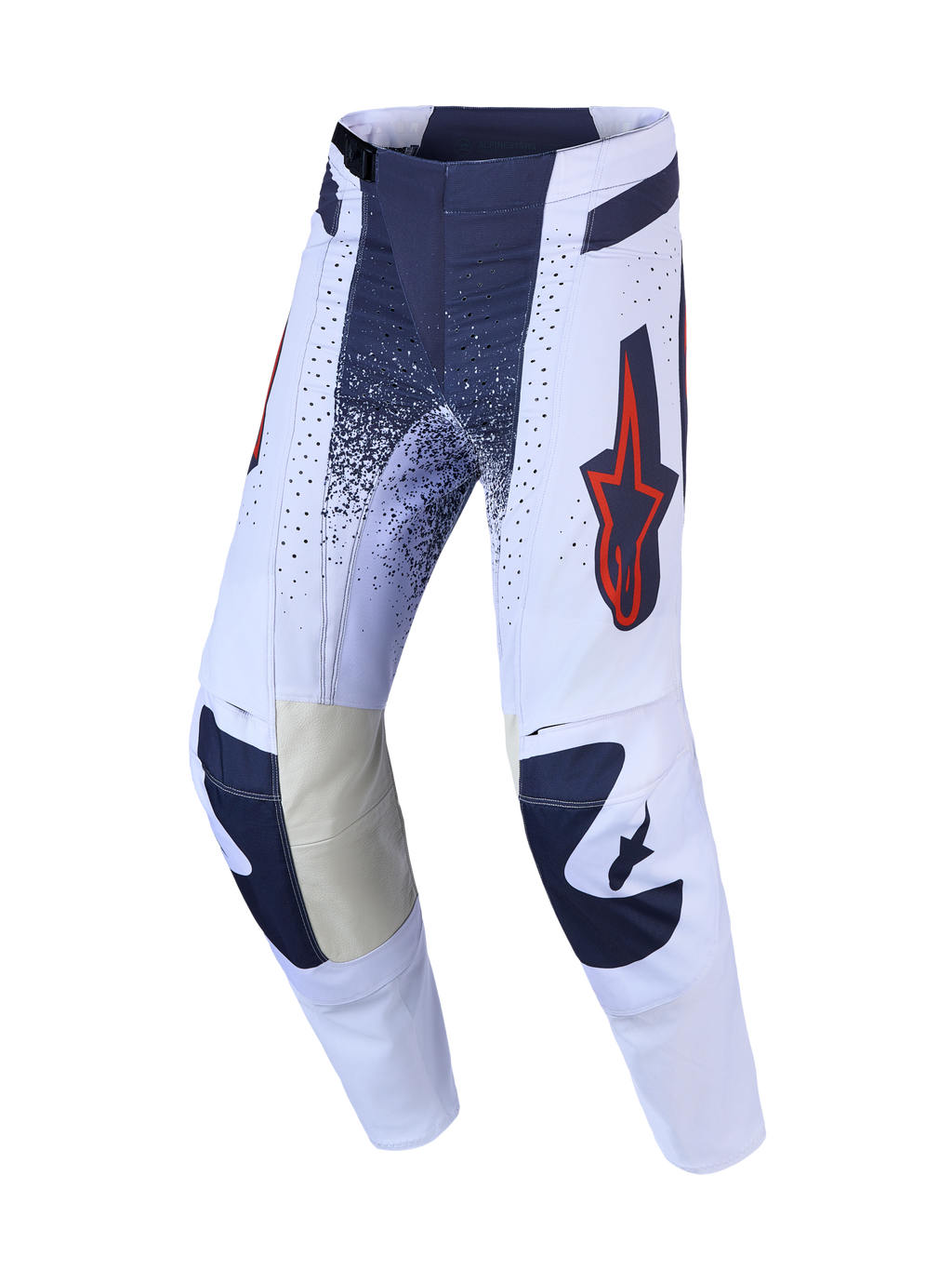 Alpinestars Techstar Swan Hose, Motocross-Hose in Helllila und Dunkelgrau mit fluo-roten Akzenten und Leder-Innenknien.