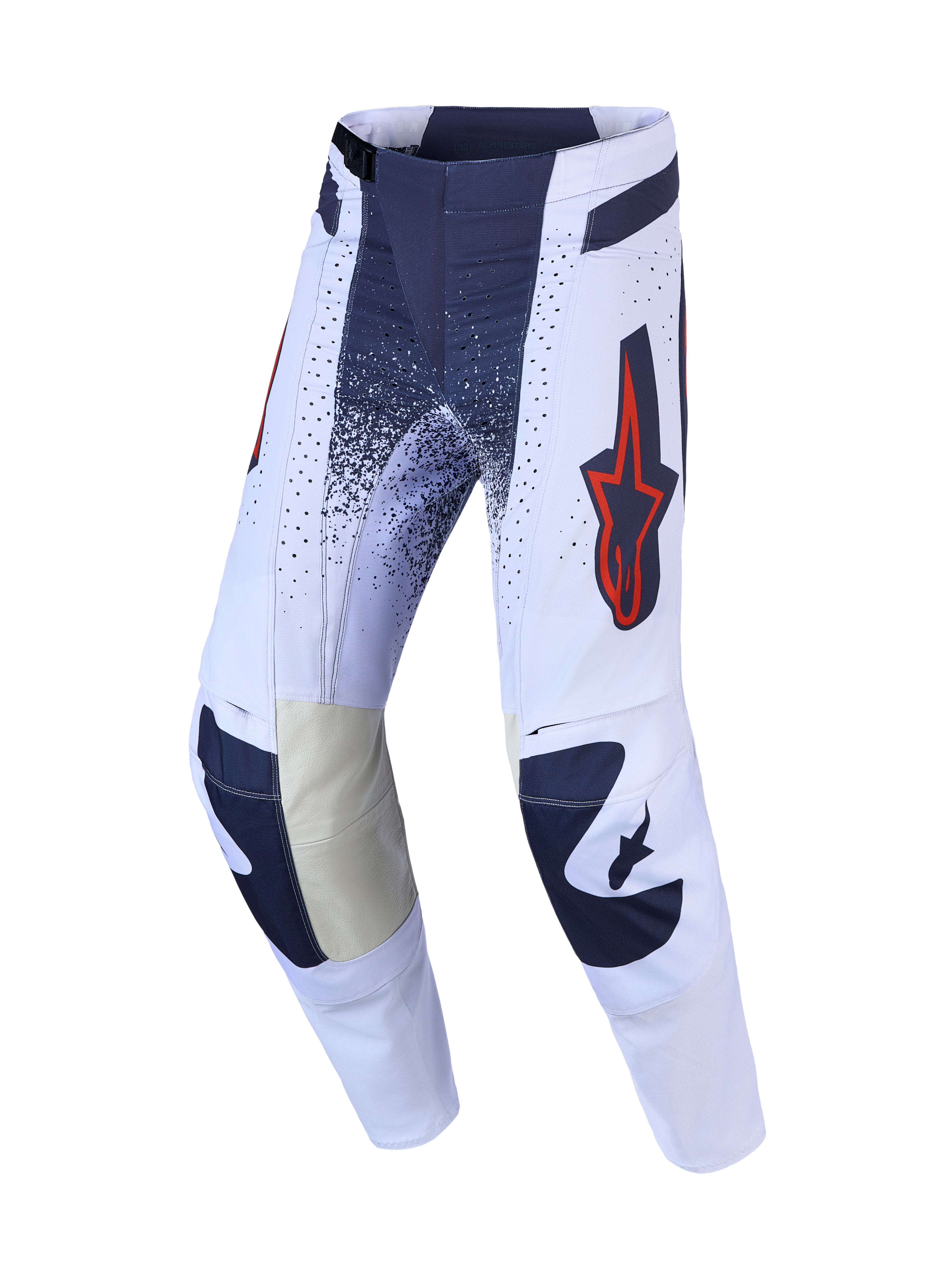 Alpinestars Techstar Swan Hose, Motocross-Hose in Helllila und Dunkelgrau mit fluo-roten Akzenten und Leder-Innenknien.
