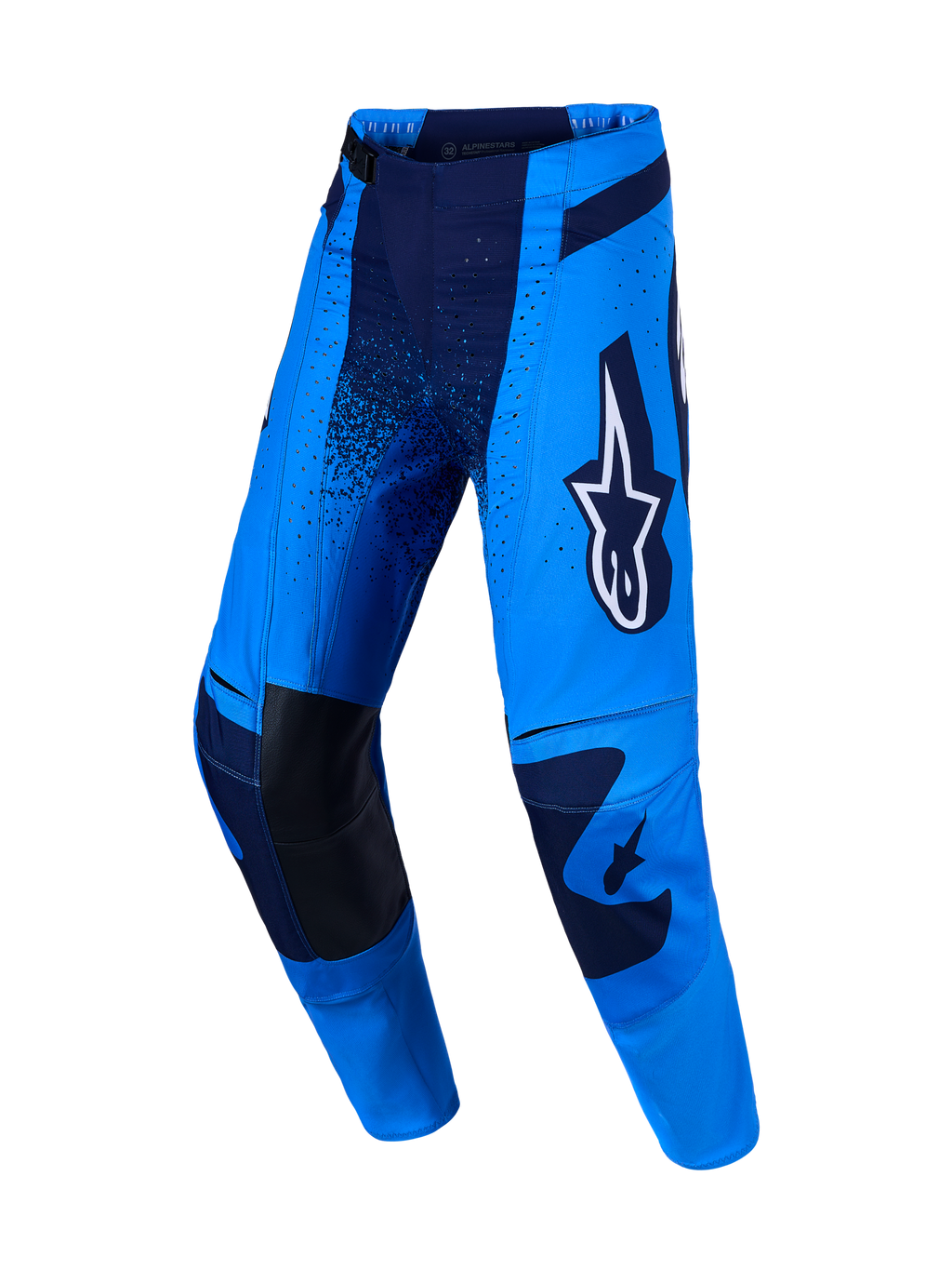 Alpinestars Techstar Swan Hose, professionelle Motocross-Rennhose in Blau und Dunkelblau mit verstärkten Lederknien.