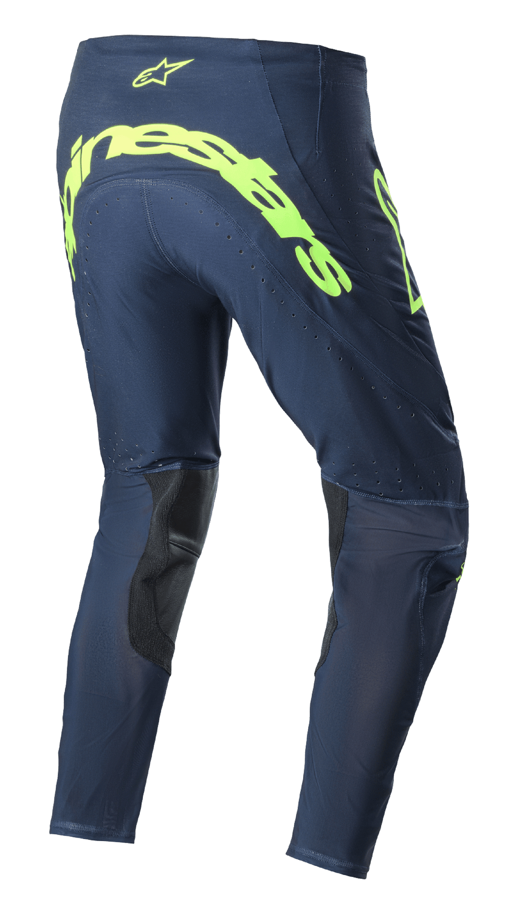 Alpinestars 2023 Supertech Bruin Hose, Motocross-Hose, Night Navy und Yellow Fluo, Rückansicht mit großem neongelben Alpinestars-Branding auf dem Gesäß, perforierten Belüftungszonen und schwarzen Verstärkungen an der Beininnenseite