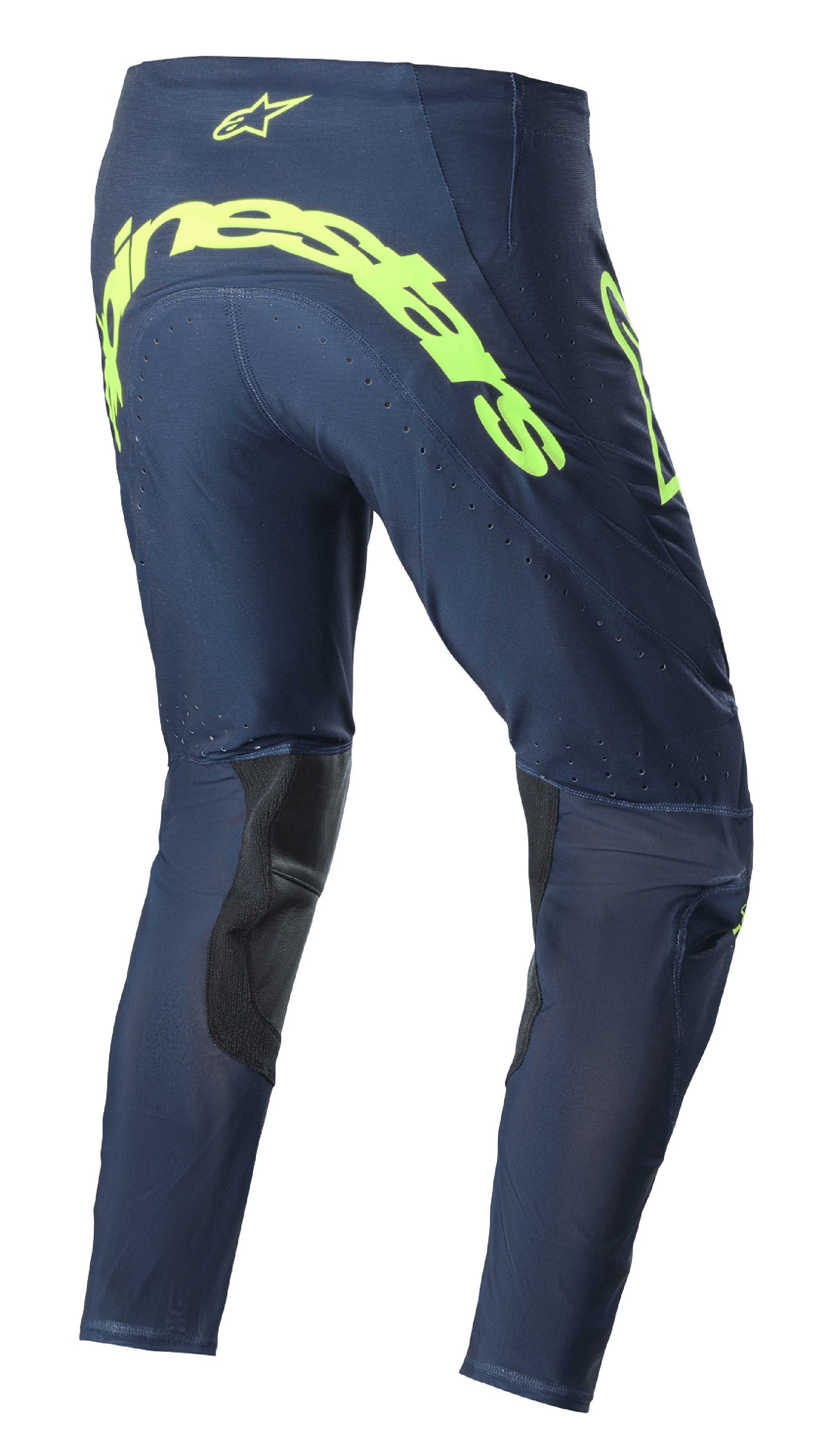 Alpinestars 2023 Supertech Bruin Hose, Motocross-Hose, Night Navy und Yellow Fluo, Rückansicht mit großem neongelben Alpinestars-Branding auf dem Gesäß, perforierten Belüftungszonen und schwarzen Verstärkungen an der Beininnenseite