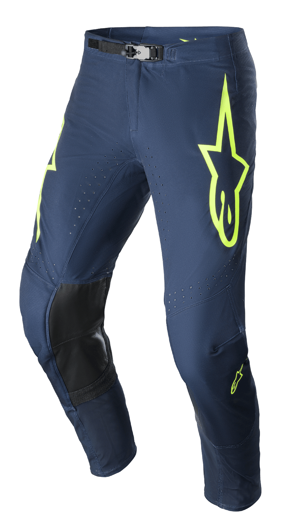 Alpinestars 2023 Supertech Bruin Hose, Motocross-Hose, Night Navy und Yellow Fluo, mit schwarzen verstärkten Knieeinsätzen, perforierter Belüftung und verstellbarer magnetischer Taillenschnalle, strapazierfähiges Rennsport-Design