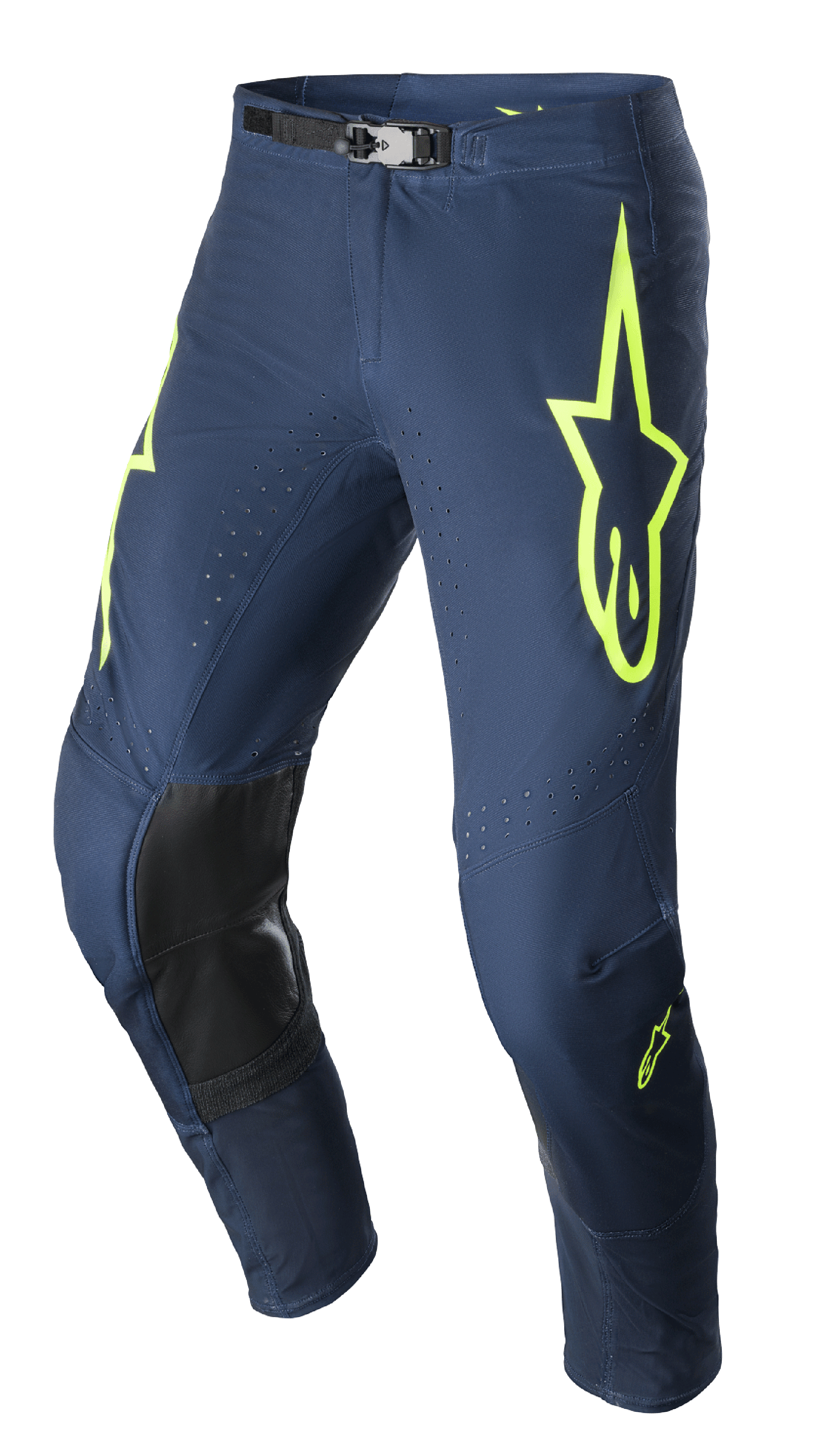 Alpinestars 2023 Supertech Bruin Pants, Motocross Pants, Night Navy and Yellow Fluo, featuring black reinforced knee panels, perforated ventilation, and adjustable magnetic waist buckle, durable racing design