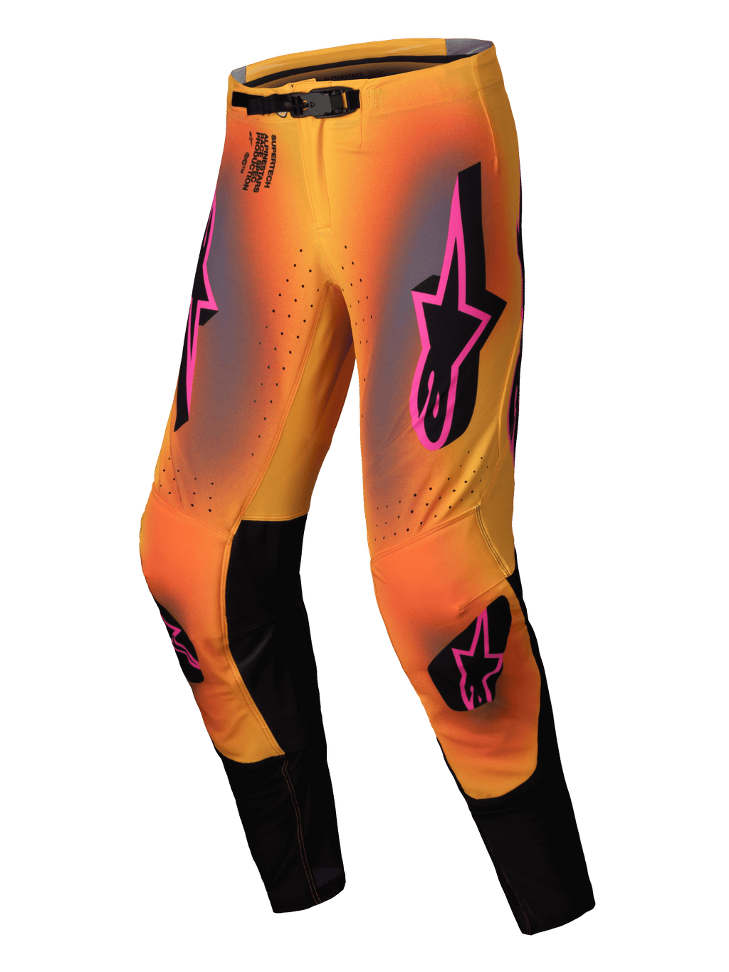 Alpinestars 2025 Supertech Lipan Pants, Men's Motocross Off-Road Pants in Yellow and Pink with Black accents, featuring a stretch rip-stop design, magnetic buckle closure, and goat leather knee panels
