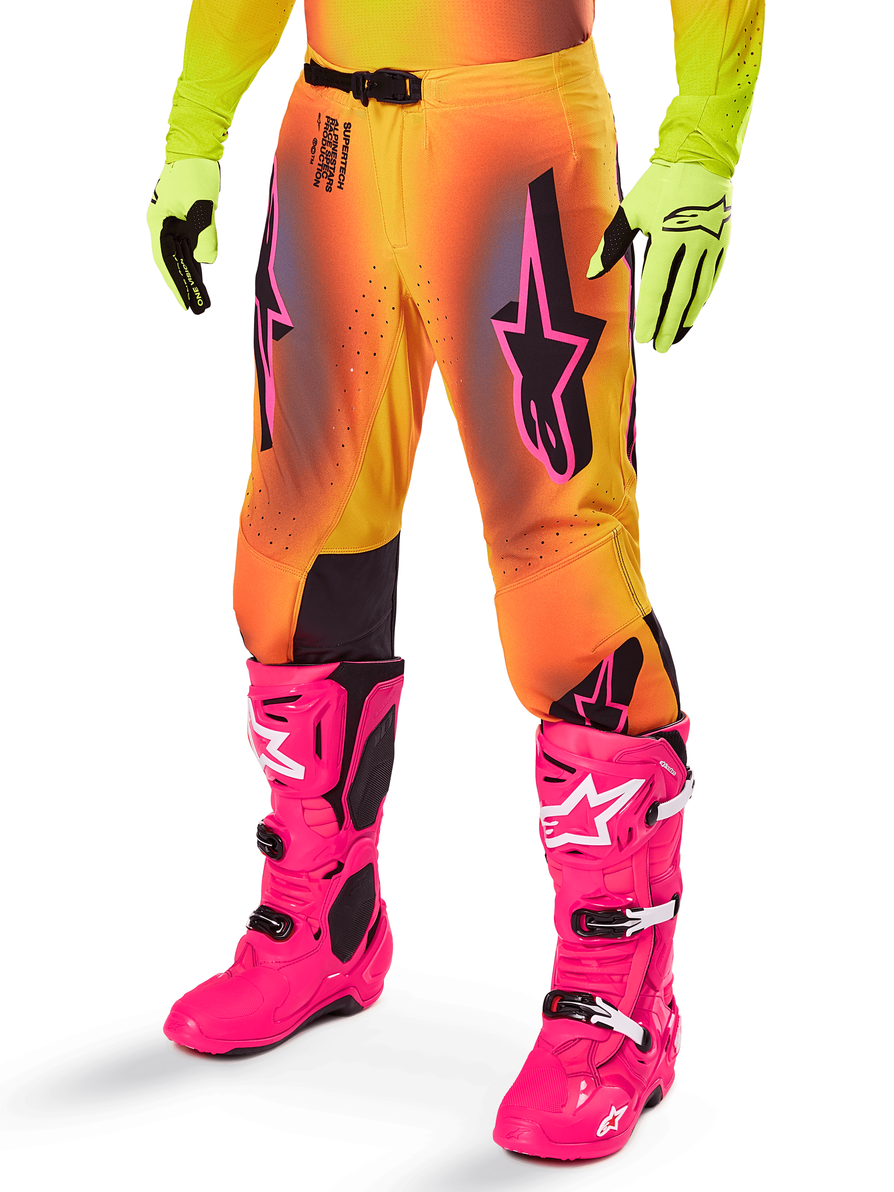 Alpinestars 2025 Supertech Lipan Gear Set, Motocross Pants, Yellow and Orange gradient with Pink and Purple accents, featuring bold black Alpinestars logos on the thighs, worn with yellow gloves and bright pink motocross boots.