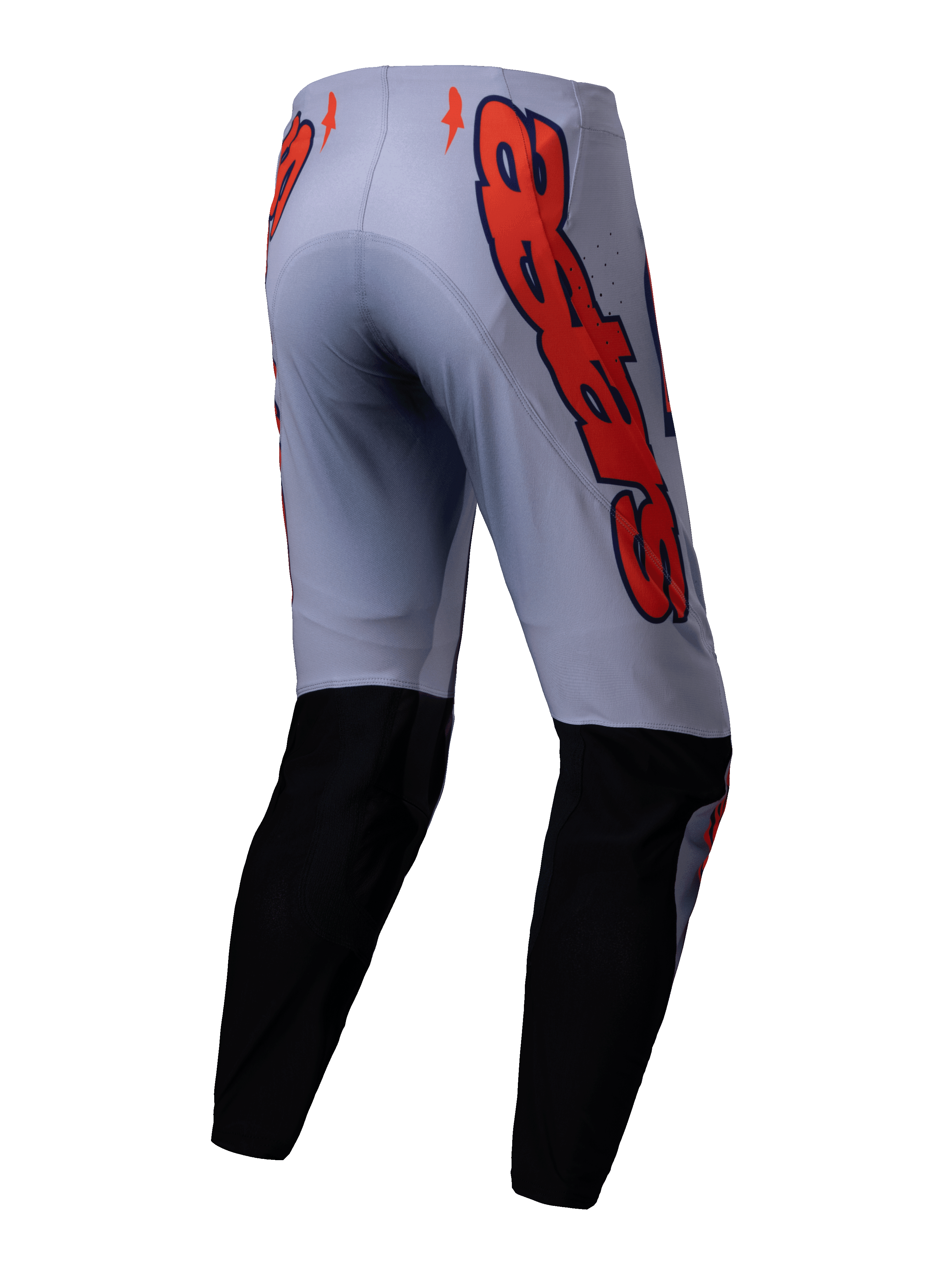 Alpinestars 2025 Supertech Lipan Hose, Motocross-Hose, Grau und Orange Fluo, Rückansicht mit schwarzen Einsätzen an den Unterschenkeln und großen orangefarbenen Alpinestars Logo-Grafiken an den Hüften, athletische Passform für den Offroad-Rennsport