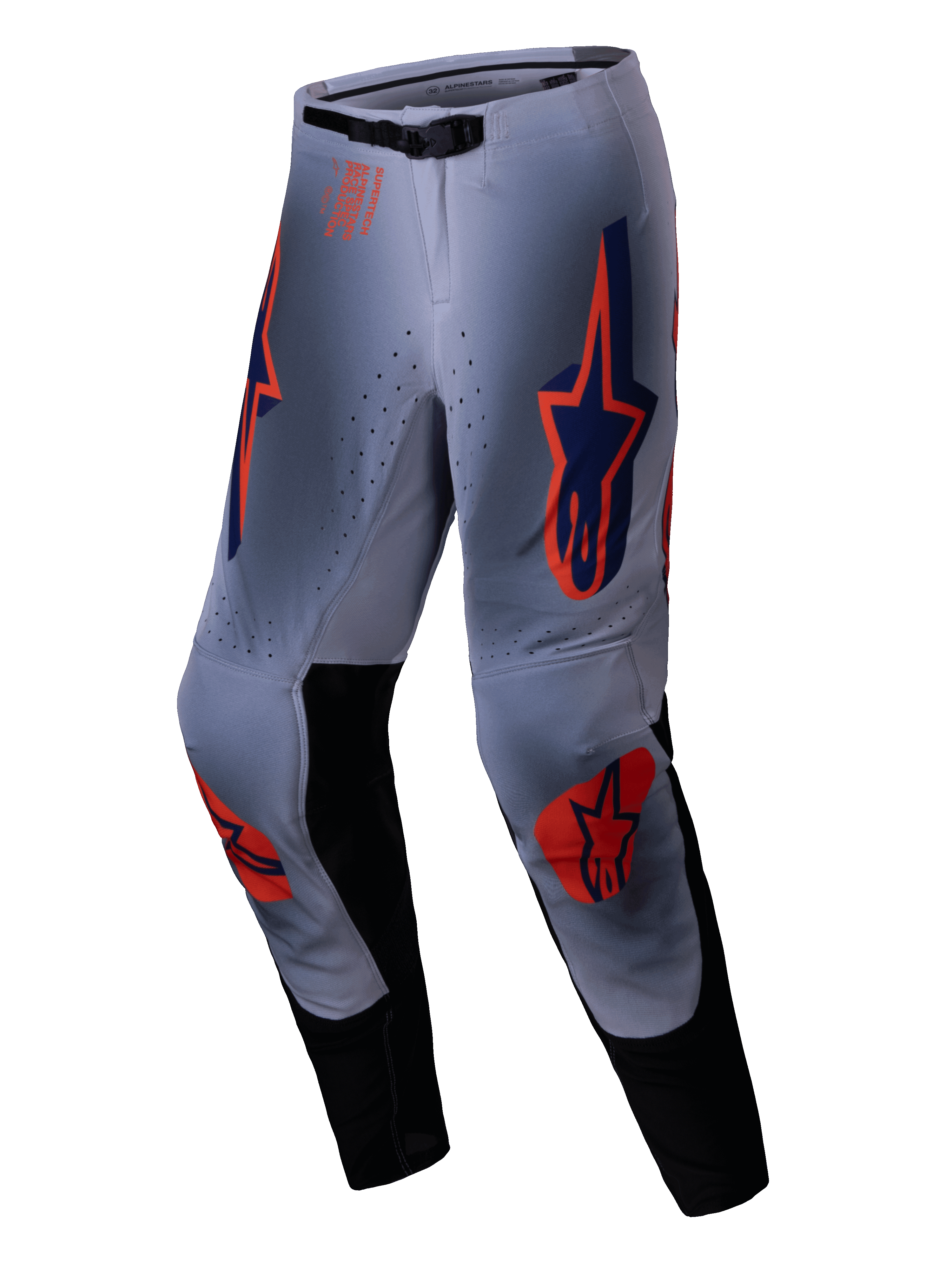 Alpinestars 2025 Supertech Lipan Hose, Motocross-Hose, Grau und Orange Fluo, mit leuchtend orangefarbenen und marineblauen Stern-Logos auf den Oberschenkeln und Knien, schwarzen Einsätzen an der Beininnenseite und verstellbarem Bund, entwickelt für Pro-Level Offroad-Performance.