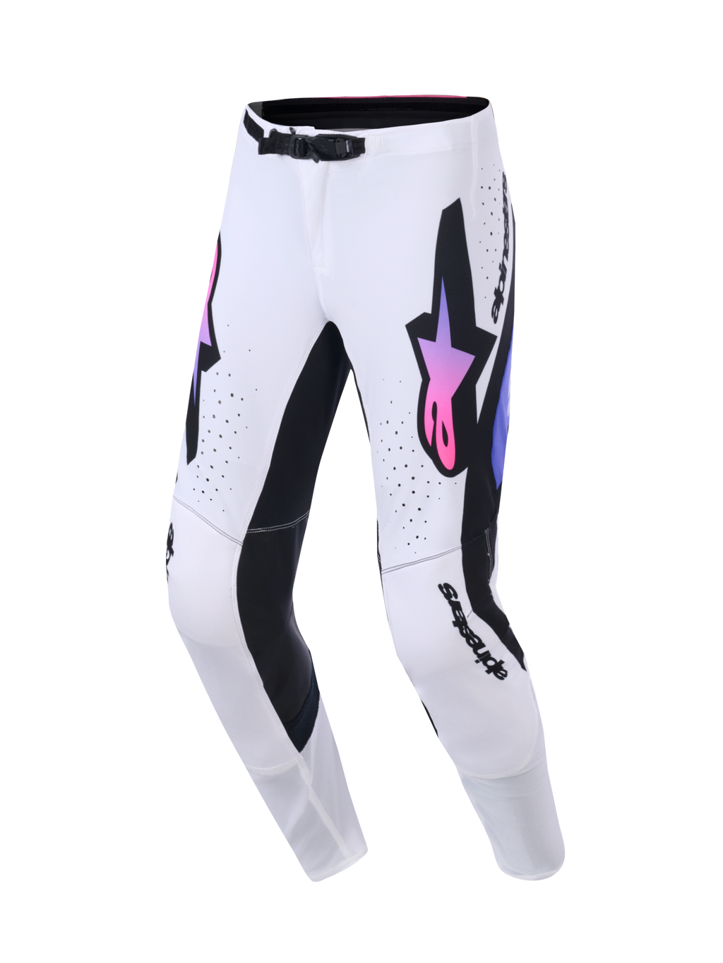Alpinestars 2026 Supertech AFD Vista Hose, Motocross-Hose, Weiß, Lila und Schwarz, mit einem großen schwarzen Astars-Logo mit pinkem und lila Farbverlauf, schwarzen Innenbein-Einsätzen und einer SX1 Magnet-Taillenschnalle, entwickelt für Performance im Offroad-Rennsport.