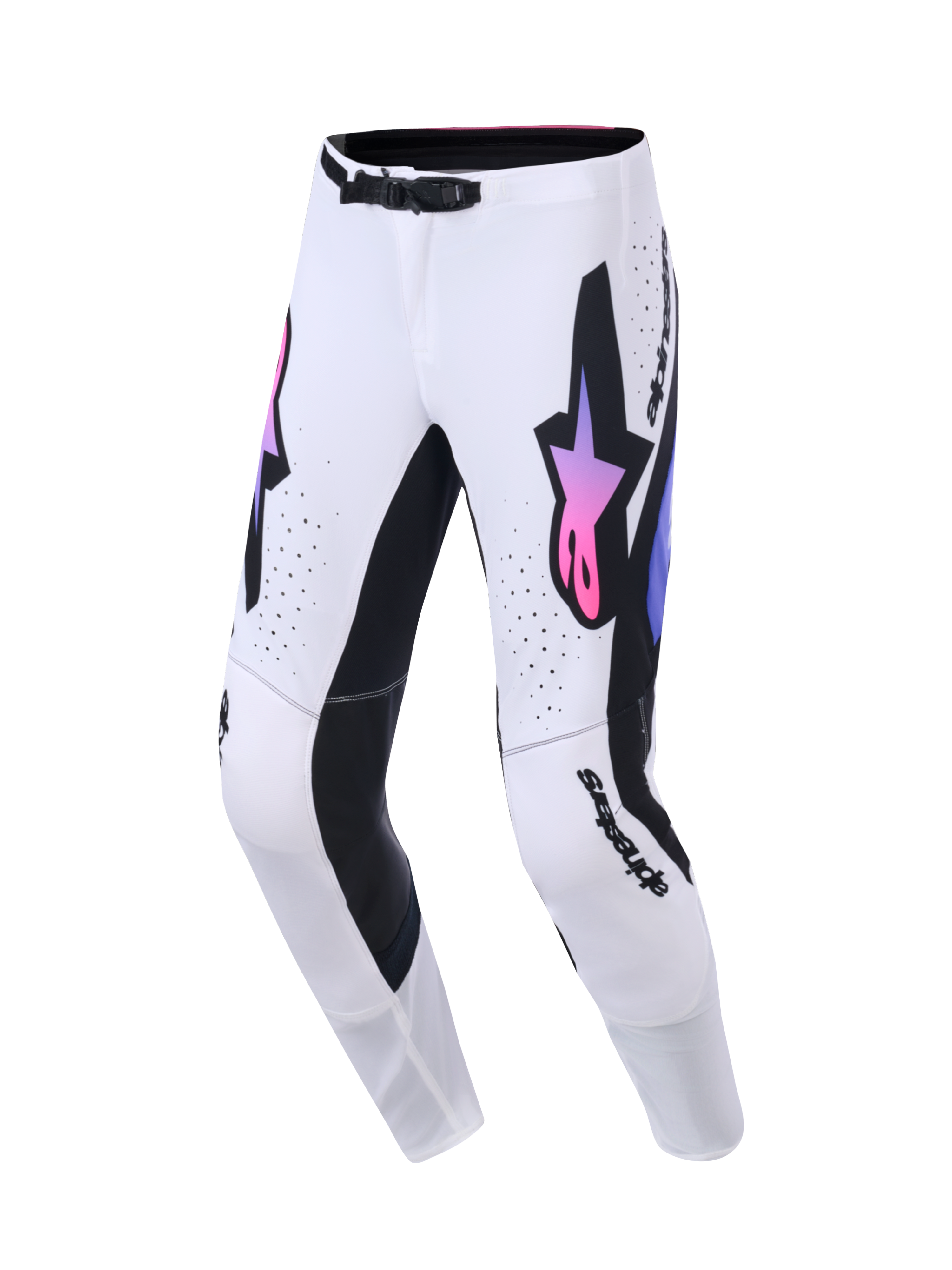 Alpinestars 2026 Supertech AFD Vista Hose, Motocross-Hose, Weiß, Lila und Schwarz, mit einem großen schwarzen Astars-Logo mit pinkem und lila Farbverlauf, schwarzen Innenbein-Einsätzen und einer SX1 Magnet-Taillenschnalle, entwickelt für Performance im Offroad-Rennsport.