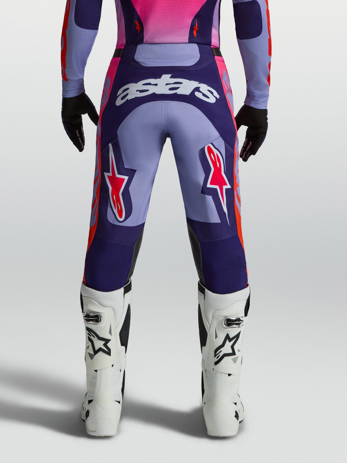 Alpinestars Racer Air Hunt Pants, Motocross Gear, Men, Purple and Pink Fluo, ventilated mesh panels, rear view on-model.