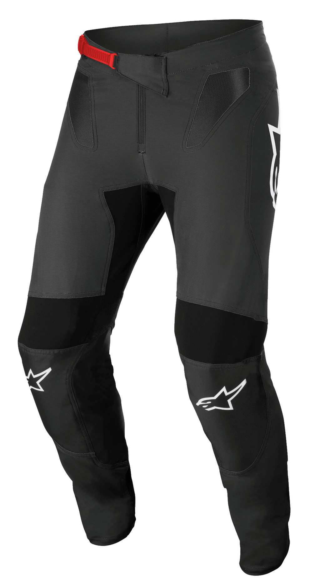Alpinestars Supertech Foster Hose, Motocross-Hose, Schwarz und Grau, mit roter Schnalle, weißen Knie-Logos, verstärktem Knie- und Oberschenkelschutz, belüfteten Mesh-Einsätzen und sportlicher Passform für aktives Fahren