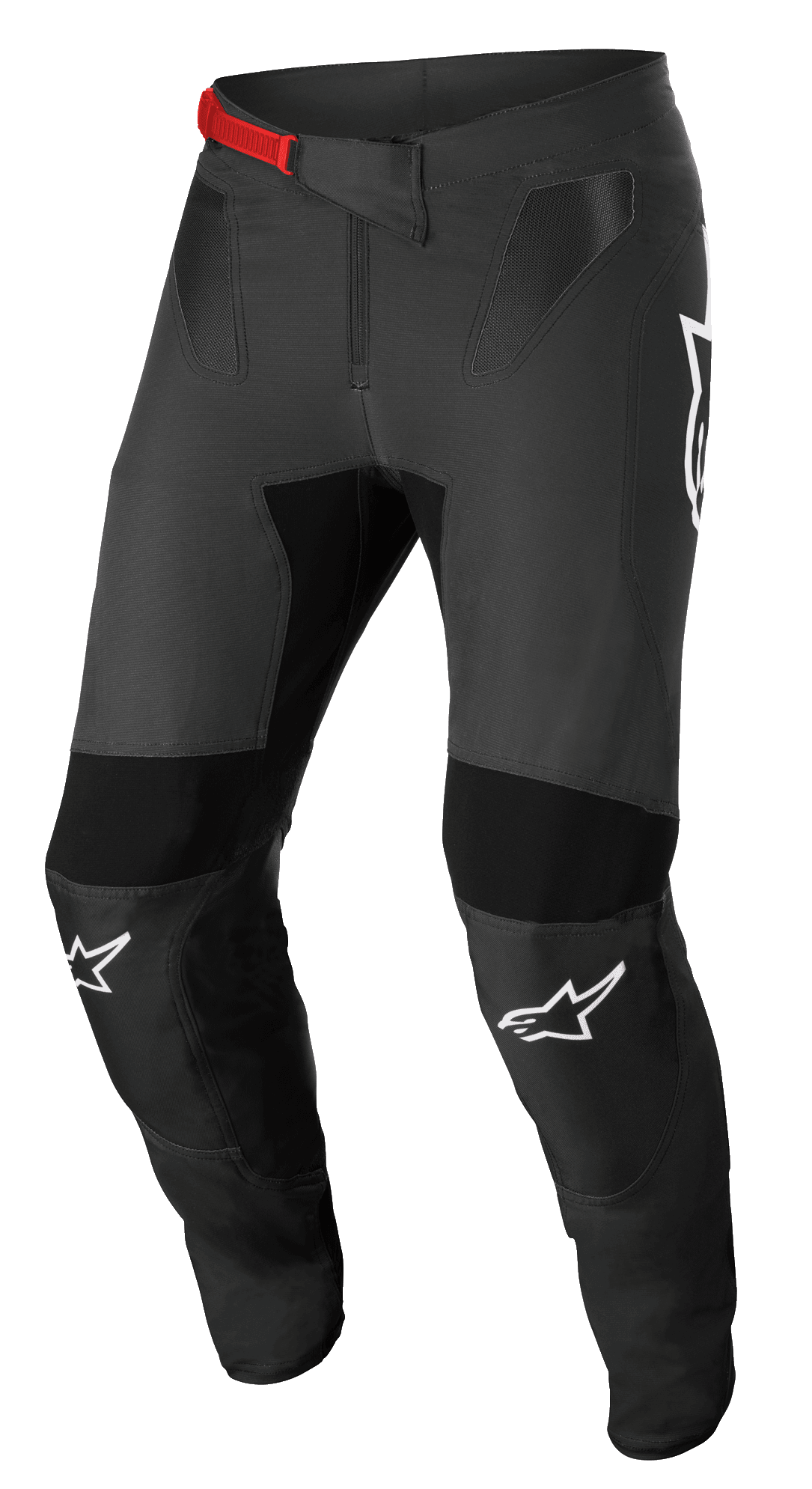 Alpinestars Supertech Foster Hose, Motocross-Hose, Schwarz und Grau, mit roter Schnalle, weißen Knie-Logos, verstärktem Knie- und Oberschenkelschutz, belüfteten Mesh-Einsätzen und sportlicher Passform für aktives Fahren