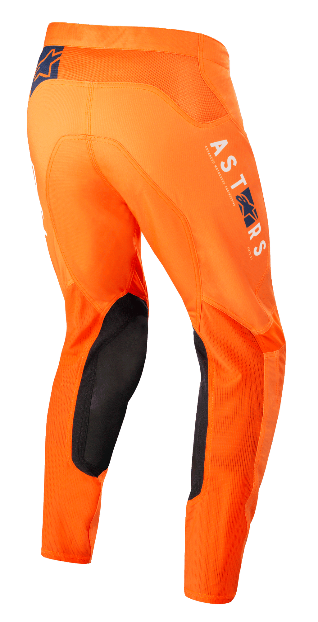 Alpinestars Supertech Foster Hose, Motocross-Hose, Orange, mit schwarzen Knie-Innenpaneelen, weißem und blauem ASTARS-Branding auf dem Bein, fortschrittlicher Stretch-Ripstop-Konstruktion, Rück- und Seitenansicht
