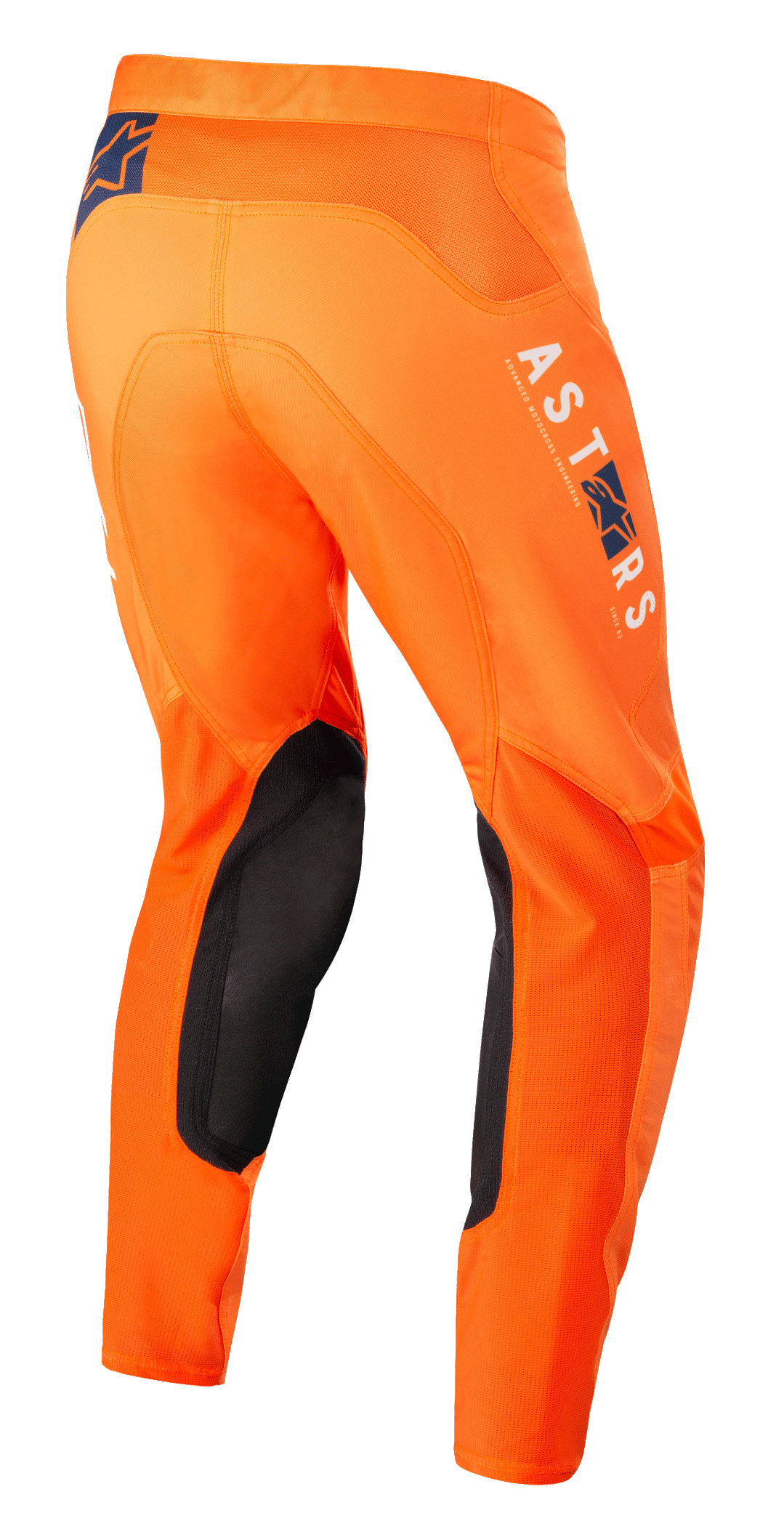 Alpinestars Supertech Foster Hose, Motocross-Hose, Orange, mit schwarzen Knie-Innenpaneelen, weißem und blauem ASTARS-Branding auf dem Bein, fortschrittlicher Stretch-Ripstop-Konstruktion, Rück- und Seitenansicht