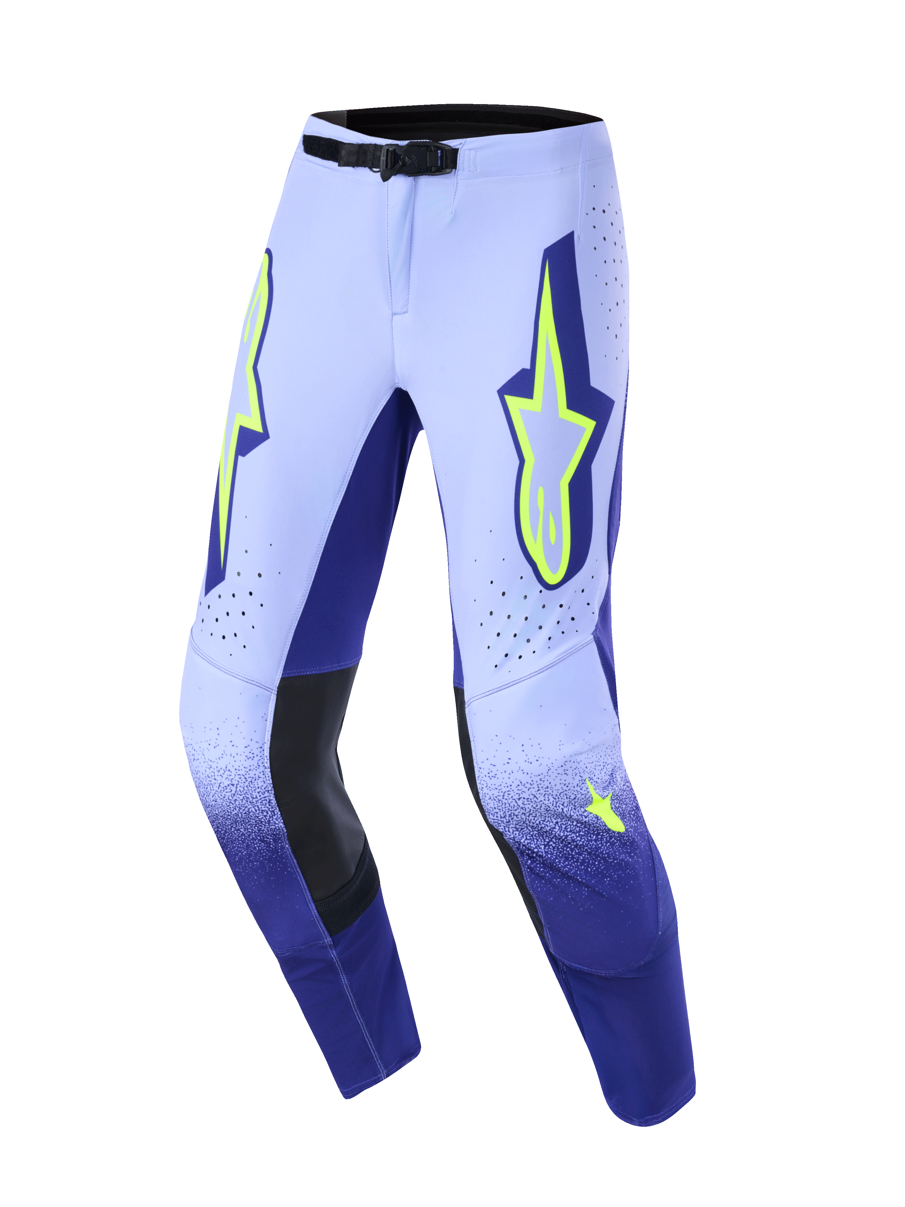Alpinestars 2026 Supertech Scenz Hose, Motocross-Hose, Lila und Fluo-Gelb, mit einem Farbverlauf von Lavendel zu Marineblau, neongelben Alpinestars Stern-Logos auf den Oberschenkeln, schwarzen Leder-Innenknie-Einsätzen und einer sicheren schwarzen Gürtelschnalle.