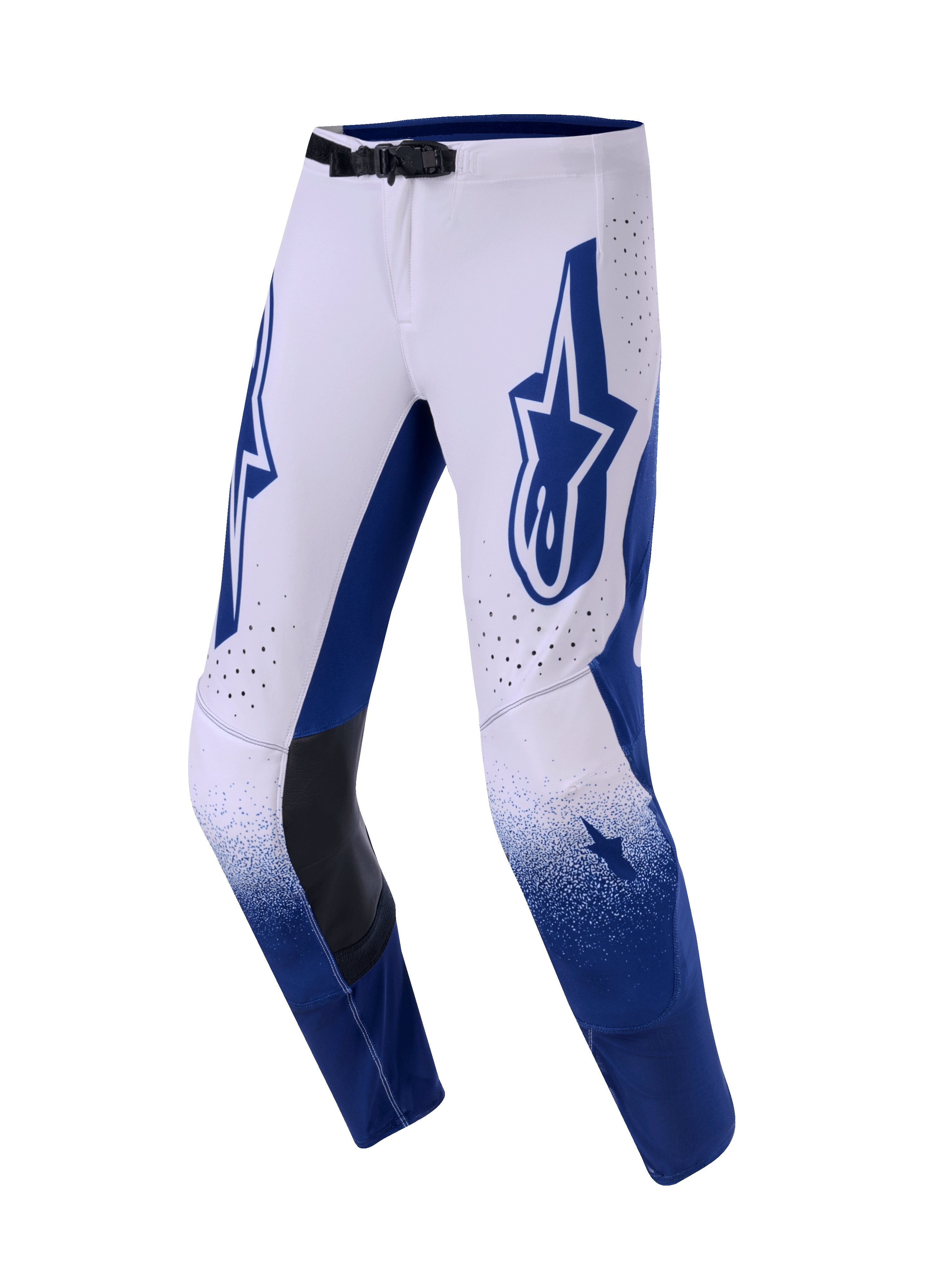 Alpinestars 2026 Supertech Scenz Hose, Motocross-Hose, Hellgrau und Dunkelblau, mit großem blauem Astars-Logo auf dem Oberschenkel, schwarzen Leder-Innenknieeinsätzen und perforierten Belüftungslöchern, Farbverlaufseffekt an den Unterschenkeln, professionelle Rennausrüstung für Offroad-Performance
