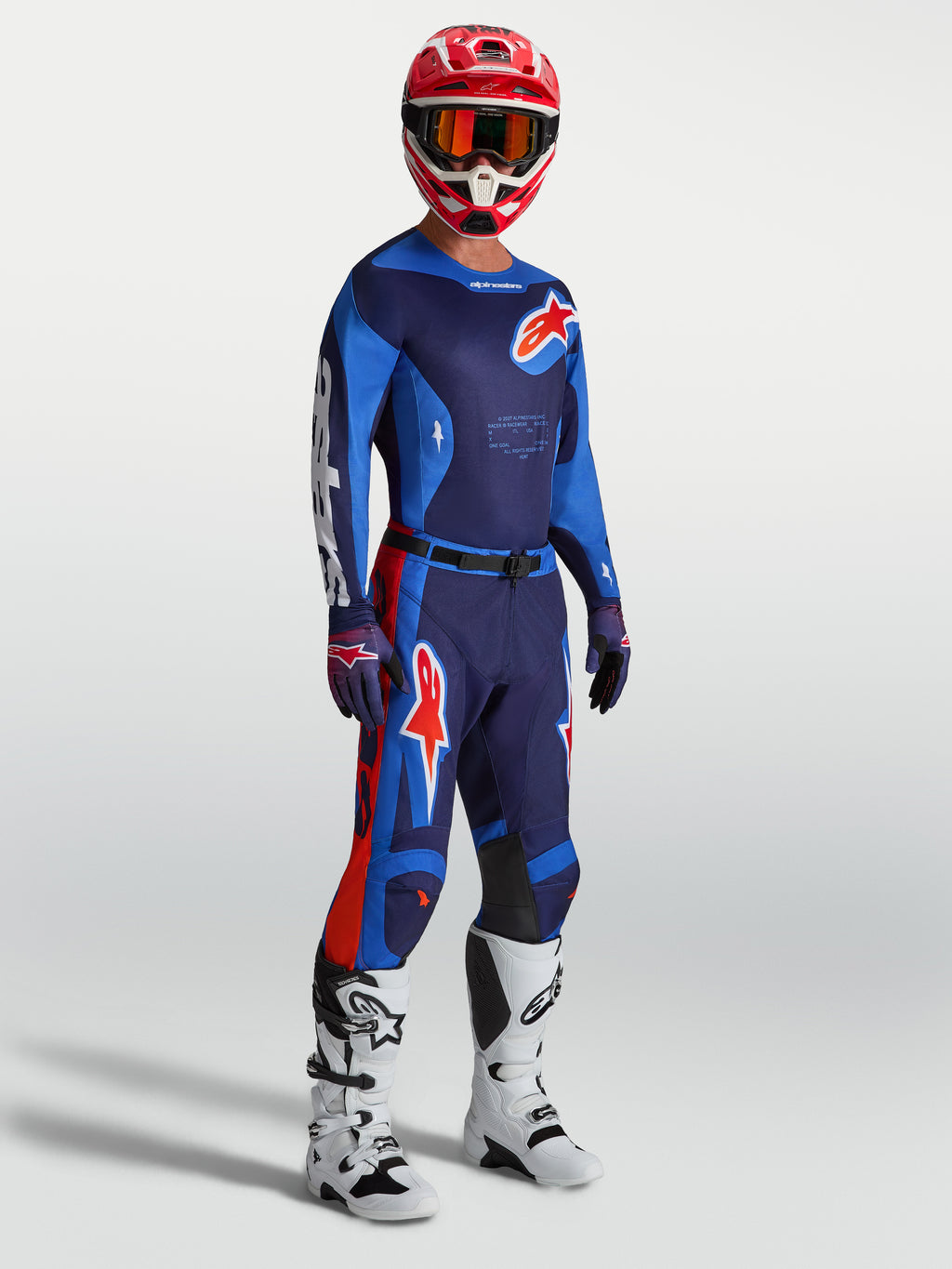 Alpinestars Racer Hunt Hose, blau-rote Motocross-Hose für Herren, ergonomische vorgekrümmte Rennpassform für Offroad.
