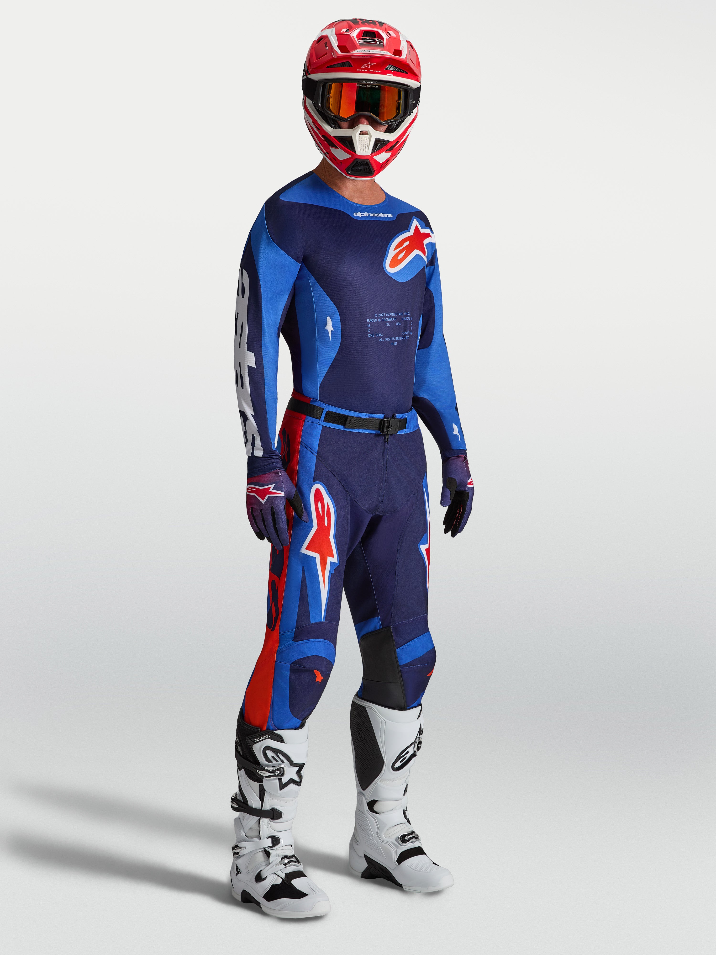 Alpinestars Racer Hunt Hose, blau-rote Motocross-Hose für Herren, ergonomische vorgekrümmte Rennpassform für Offroad.