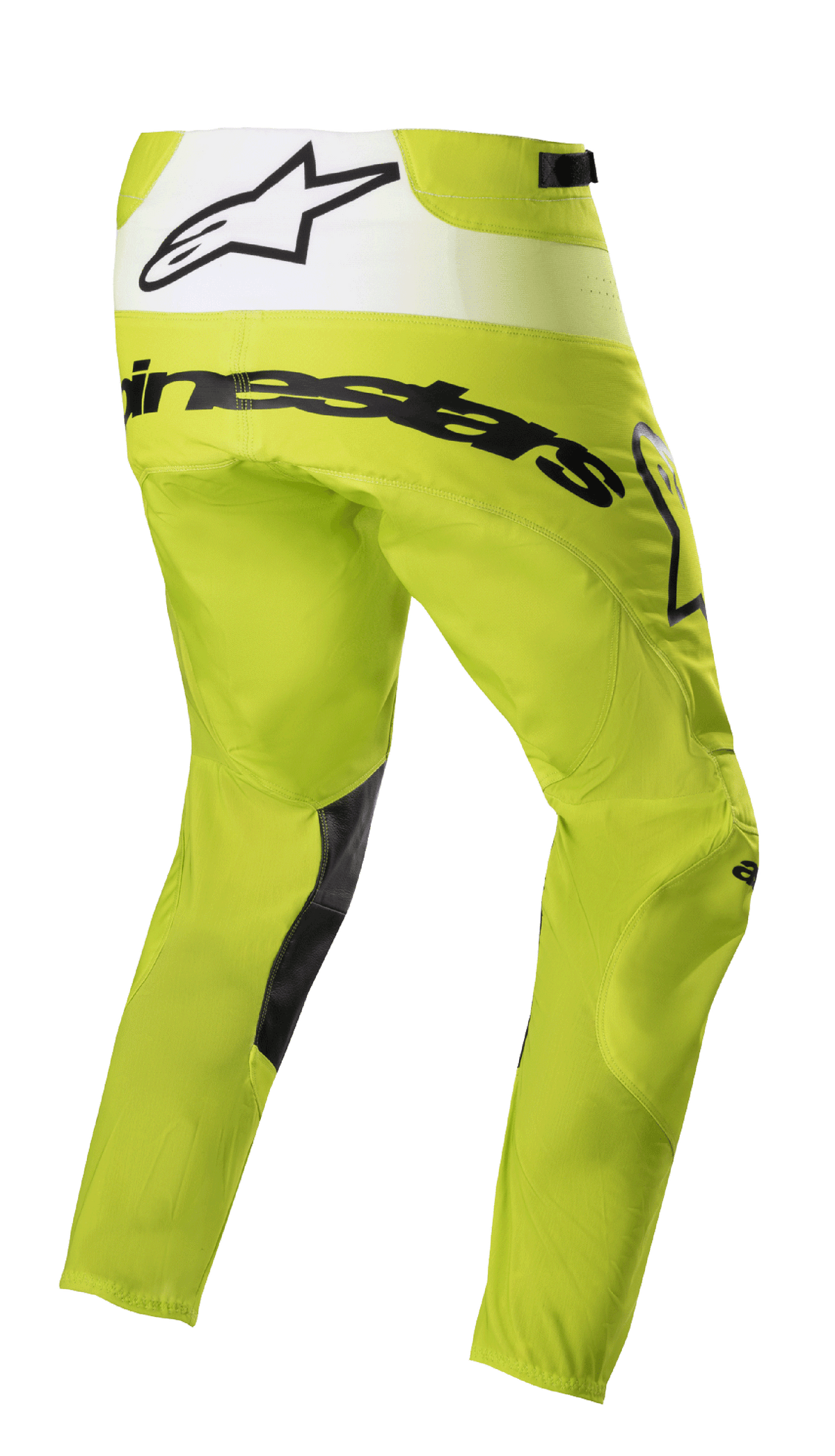 Alpinestars 2023 Techstar Push Hose, Motocross-Hose, Gelb Fluo und Weiß, Dreiviertel-Rückansicht mit schwarzem Branding und weißem Rückeneinsatz mit Stern-Logo, schwarze Einsätze an der Beininnenseite, strapazierfähige Offroad-Rennausrüstung