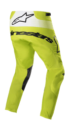 Alpinestars 2023 Techstar Push Hose, Motocross-Hose, Gelb Fluo und Weiß, Dreiviertel-Rückansicht mit schwarzem Branding und weißem Rückeneinsatz mit Stern-Logo, schwarze Einsätze an der Beininnenseite, strapazierfähige Offroad-Rennausrüstung