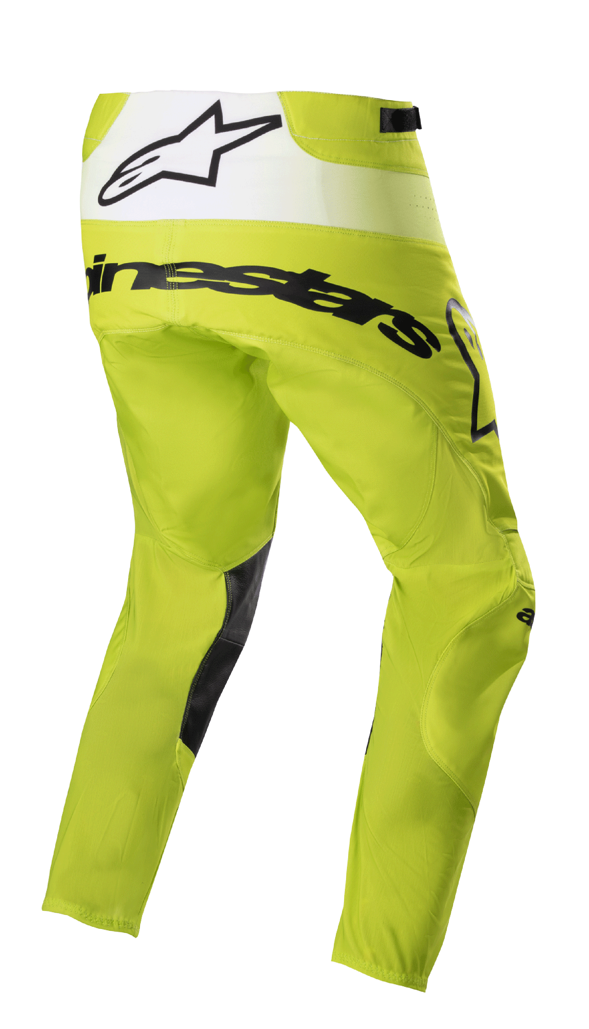 Alpinestars 2023 Techstar Push Hose, Motocross-Hose, Gelb Fluo und Weiß, Dreiviertel-Rückansicht mit schwarzem Branding und weißem Rückeneinsatz mit Stern-Logo, schwarze Einsätze an der Beininnenseite, strapazierfähige Offroad-Rennausrüstung