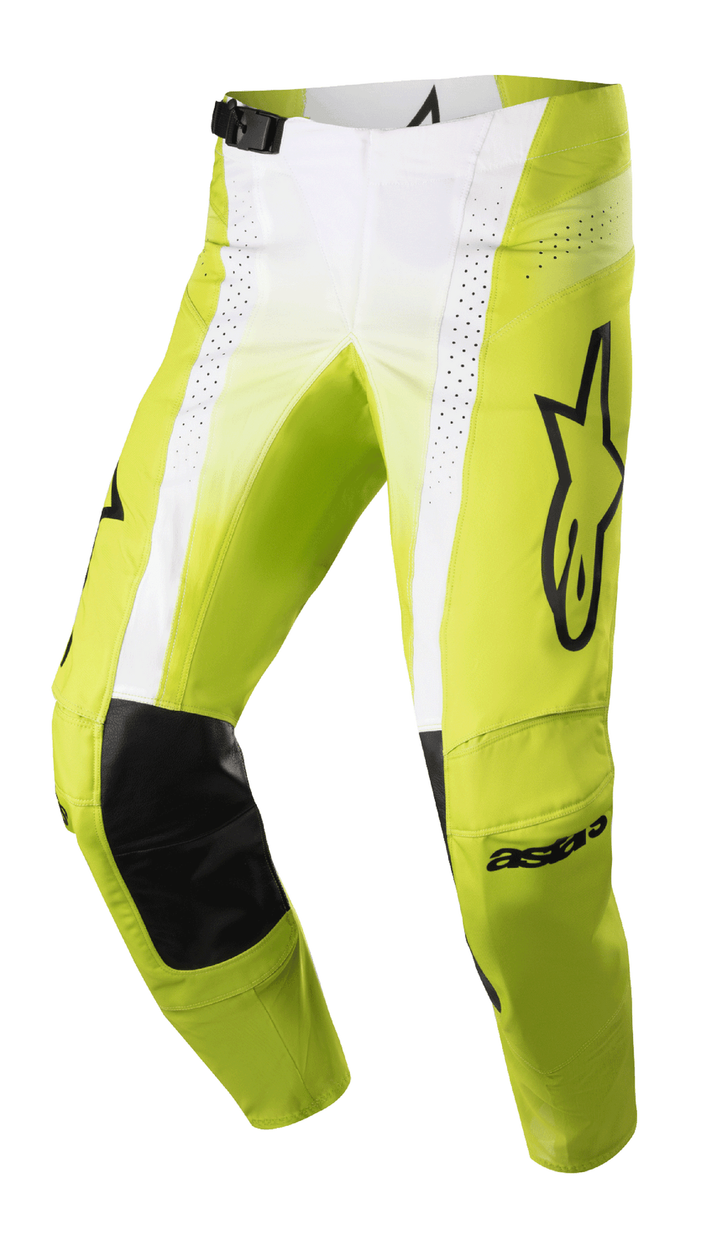 Alpinestars 2023 Techstar Push Hose, Motocross-Hose, Gelb Fluo und Weiß mit schwarzen Akzenten, mit schwarzen Lederverstärkungen an den Knieinnenseiten, perforierten Belüftungseinsätzen, großem schwarzem Logo am Oberschenkel und verstellbarer Taillenschnalle, Hochleistungs-Offroad-Ausrüstung