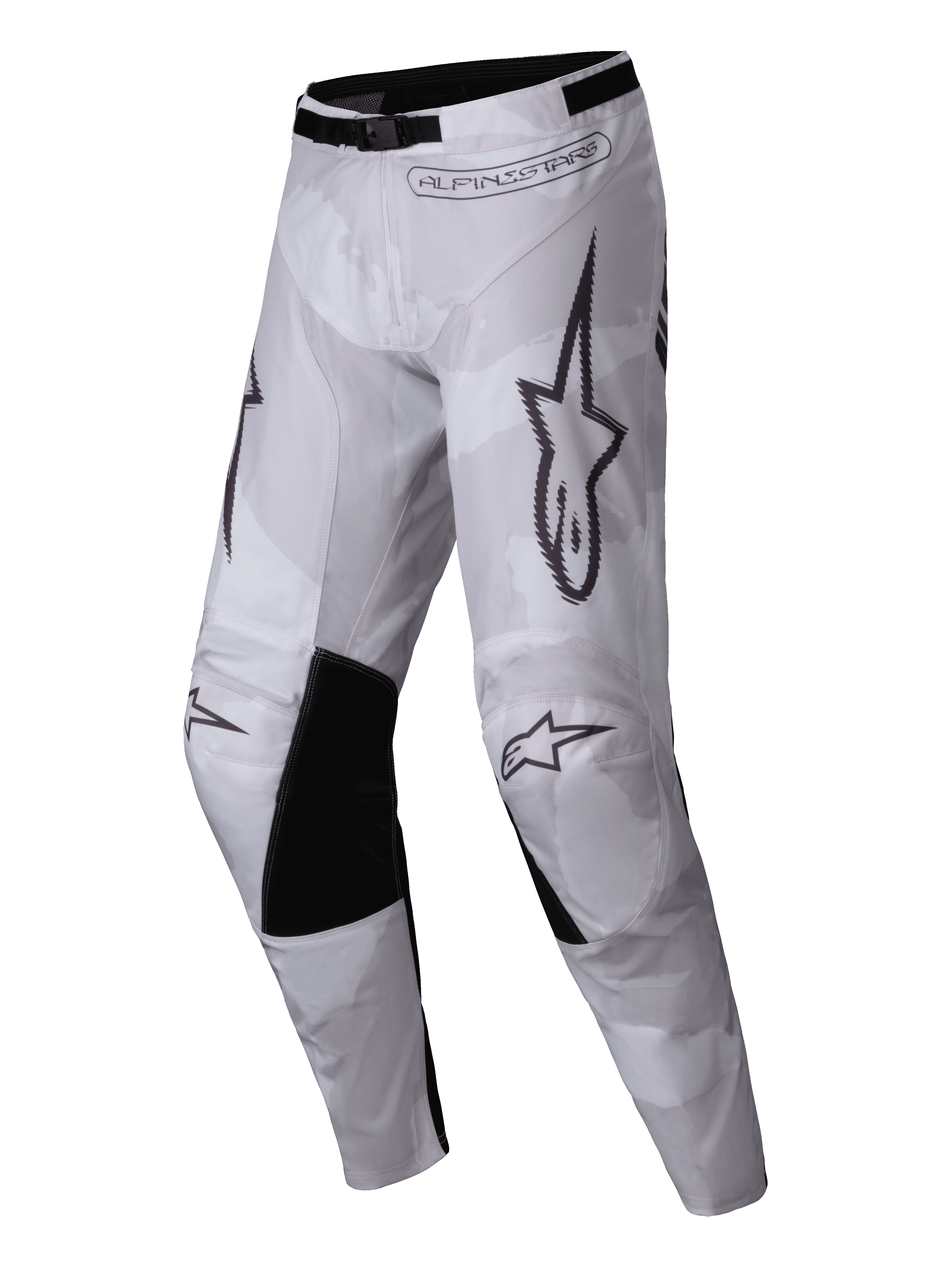 Alpinestars 2025 Racer Hollow Pants, Motocross Pants, Light Camo Brown, featuring a light camouflage pattern with black inner knee panels, bold Alpinestars branding, and adjustable waist buckle for off-road racing