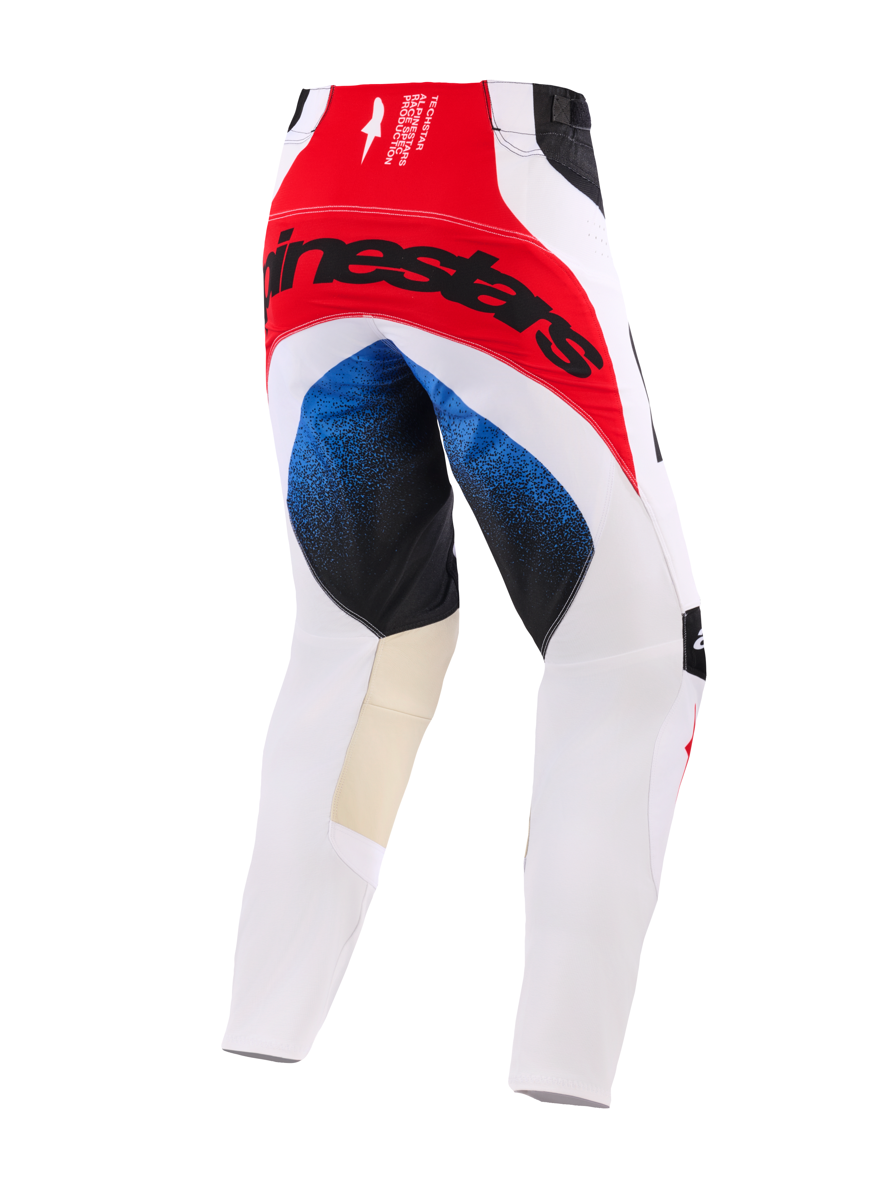 Alpinestars 2026 Techstar Knif Hose, Motocross-Hose, Weiß, Rot und Blau, Rückansicht mit einem großen schwarzen Alpinestars-Logo auf einem roten Gesäßpanel, blauen Farbverlaufsakzenten an den Oberschenkeln, hellbraunen Leder-Innenknie-Einsätzen, athletische Rennpassform.