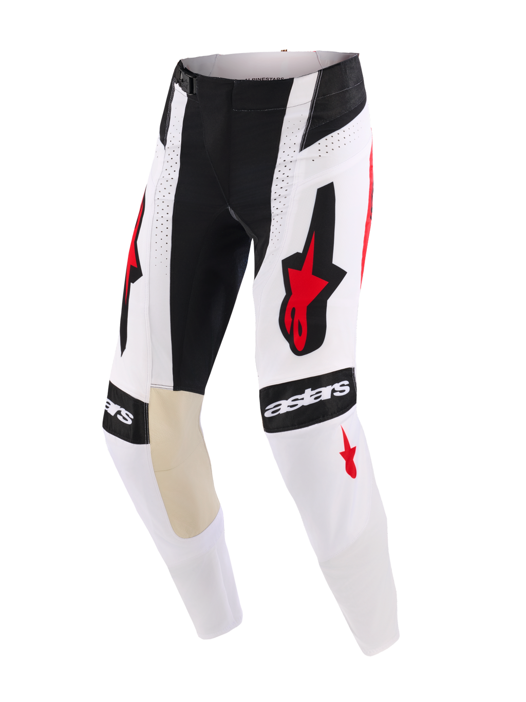 Alpinestars 2026 Techstar Knif Hose, Motocross-Hose, Weiß, Schwarz und Rot, mit markanten Alpinestars-Logos an Oberschenkeln und Knien, Innenknie-Paneelen aus beigefarbenem Ziegenleder, perforierten Details für optimale Belüftung und einem strapazierfähigen Renndesign für Offroad-Wettkämpfe.