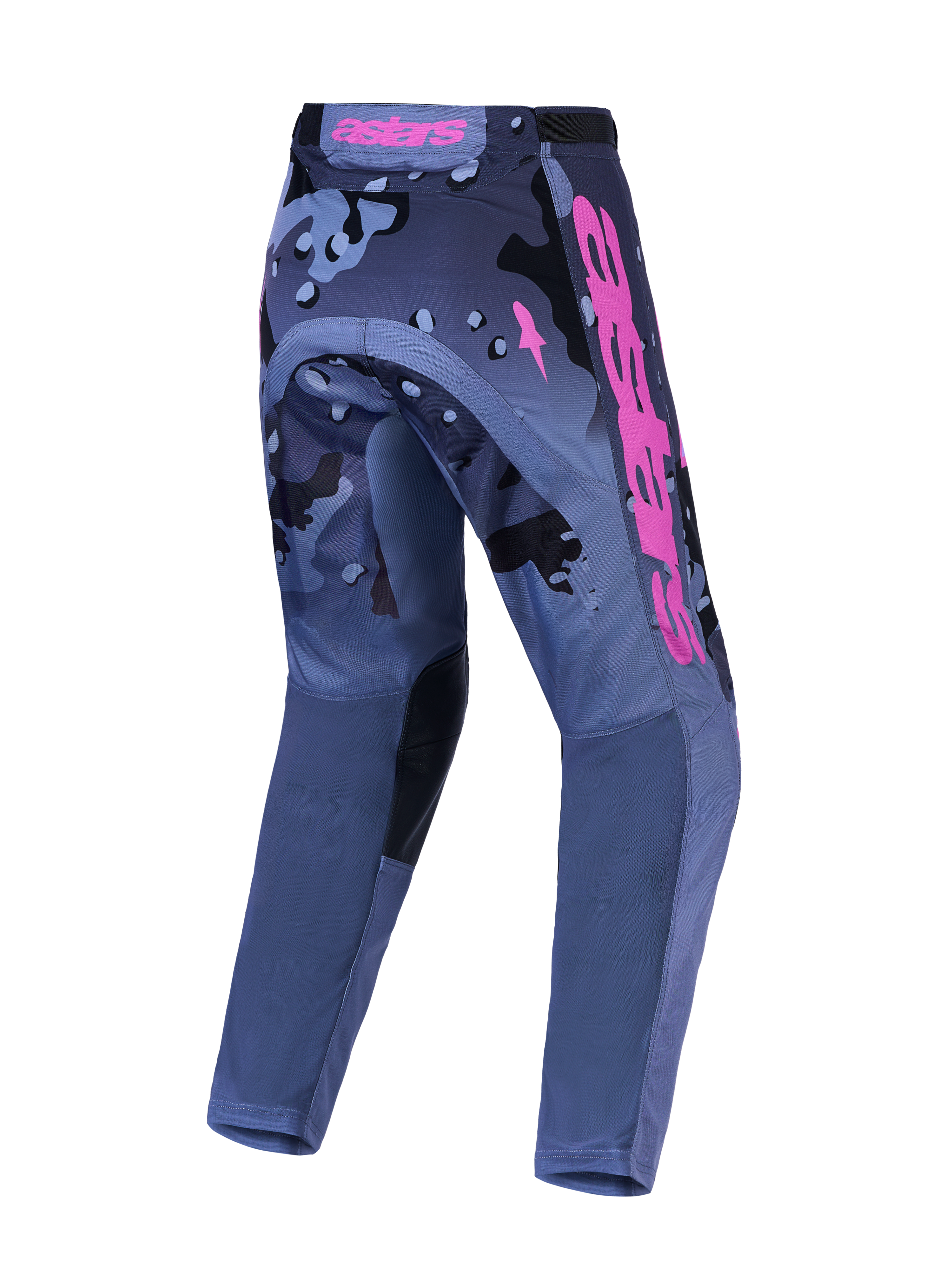 Alpinestars Racer Lone Hose und Gear Set, Herren-Motocross-Hose, Grau-Camo und Lila, robustes Polygewebe, Rückansicht.