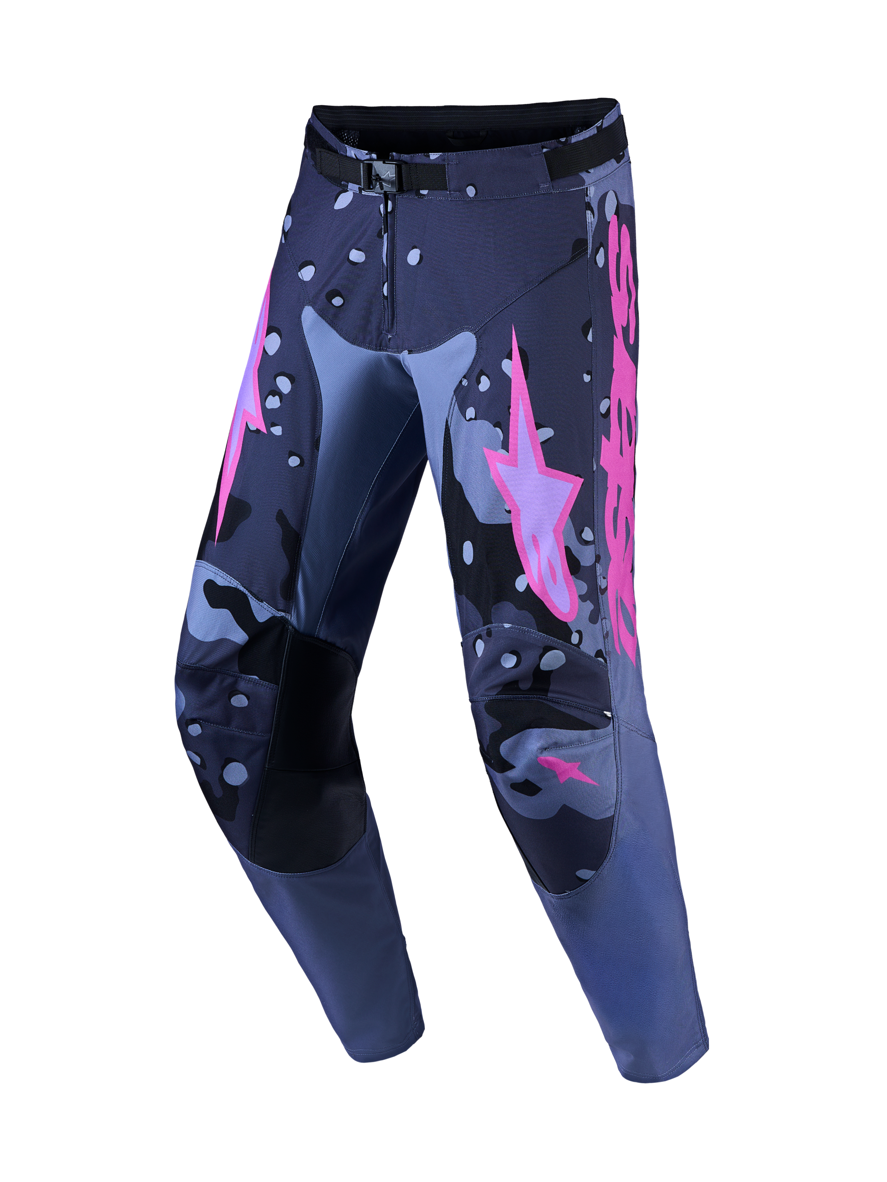 Alpinestars Racer Lone Motocross-Hose, Herren, Grau-Camo und Lila, strapazierfähiges Polygewebe, vorgeformte Beine.