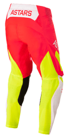 Alpinestars Techstar Factory Hose, Motocross-Hose, Leuchtrot, Weiß und Leuchtgelb, Rückansicht mit ASTARS-Branding am Hosenbund und leuchtend gelben Mesh-Einsätzen an den Beinen.