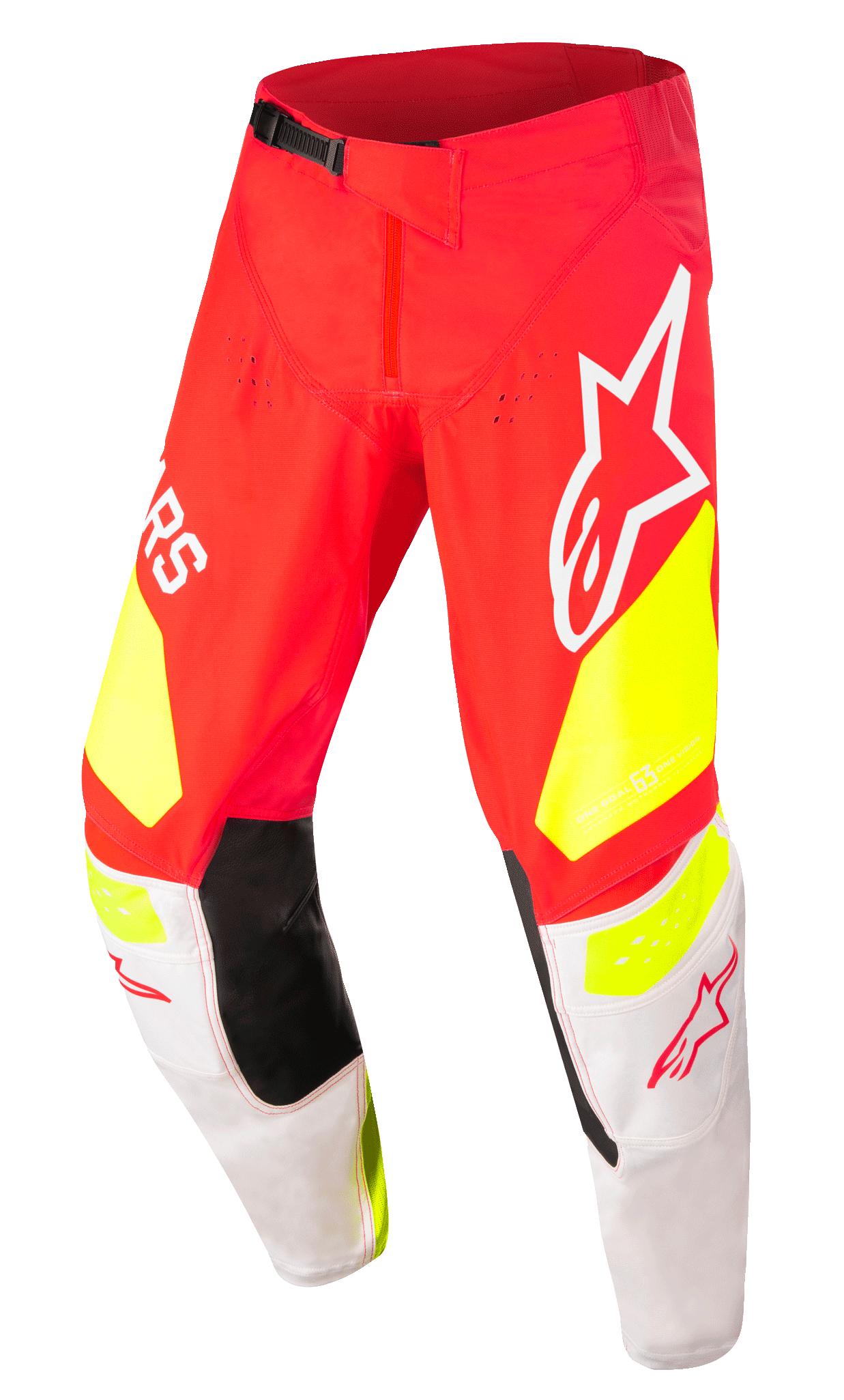 Alpinestars Techstar Factory Hose, Motocross-Rennsport-Hose, Rot mit fluoreszierend gelben und weißen Akzenten, mit schwarzen Knie-Innenpaneelen, großen Alpinestars-Logos, perforierten Belüftungsöffnungen und einer schwarzen verstellbaren Taillenschnalle.