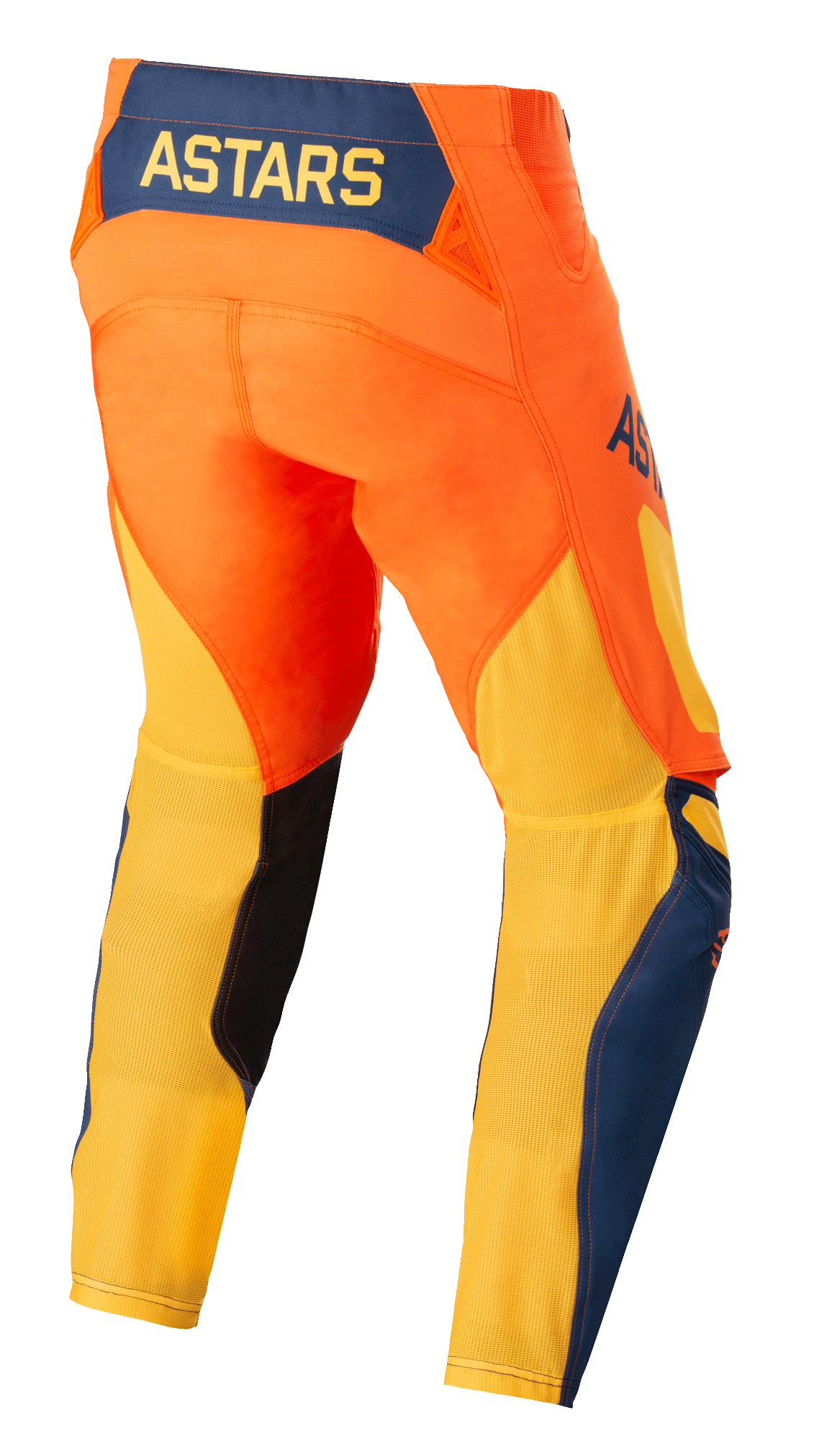 Alpinestars Techstar Factory Hose, Motocross-Hose, Orange, Dunkelblau und Warmes Gelb, Rückansicht mit gelbem ASTARS-Logo auf dunkelblauem Rückeneinsatz, leuchtend orangefarbenes Hauptteil mit atmungsaktivem gelbem Mesh an den Unterschenkeln und blauen Akzenten
