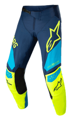 Alpinestars Techstar Factory Hose, Motocross-Hose, Dunkelblau, Neongelb und Hellblau, mit schwarzen Knie-Innenseiten, gelbem Stern-Logo am Oberschenkel, „ONE GOAL ONE VISION“-Branding und perforierten Belüftungszonen für Offroad-Performance