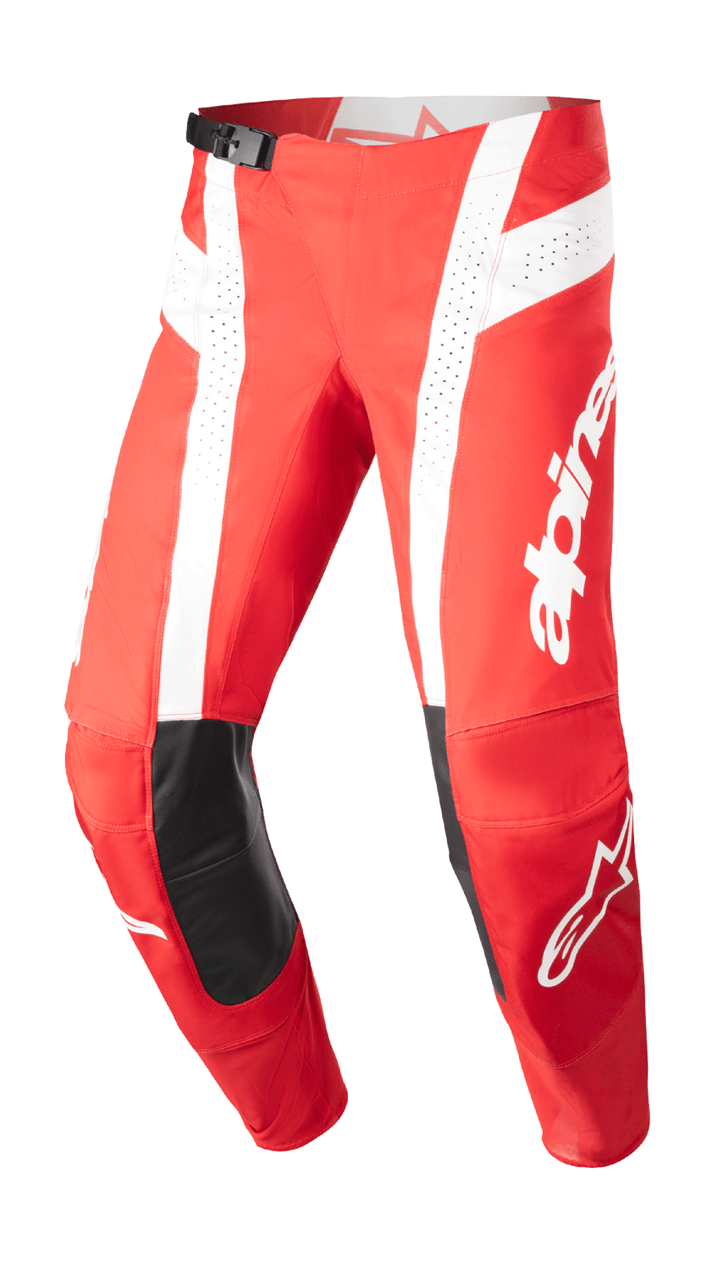 Alpinestars 2023 Techstar Arch Hose, Motocross-Hose, Mars-Rot und Weiß, schwarze Leder-Knie-Patches, perforierte Belüftungseinsätze, verstellbare Taillenschnalle, Performance Off-Road-Ausrüstung