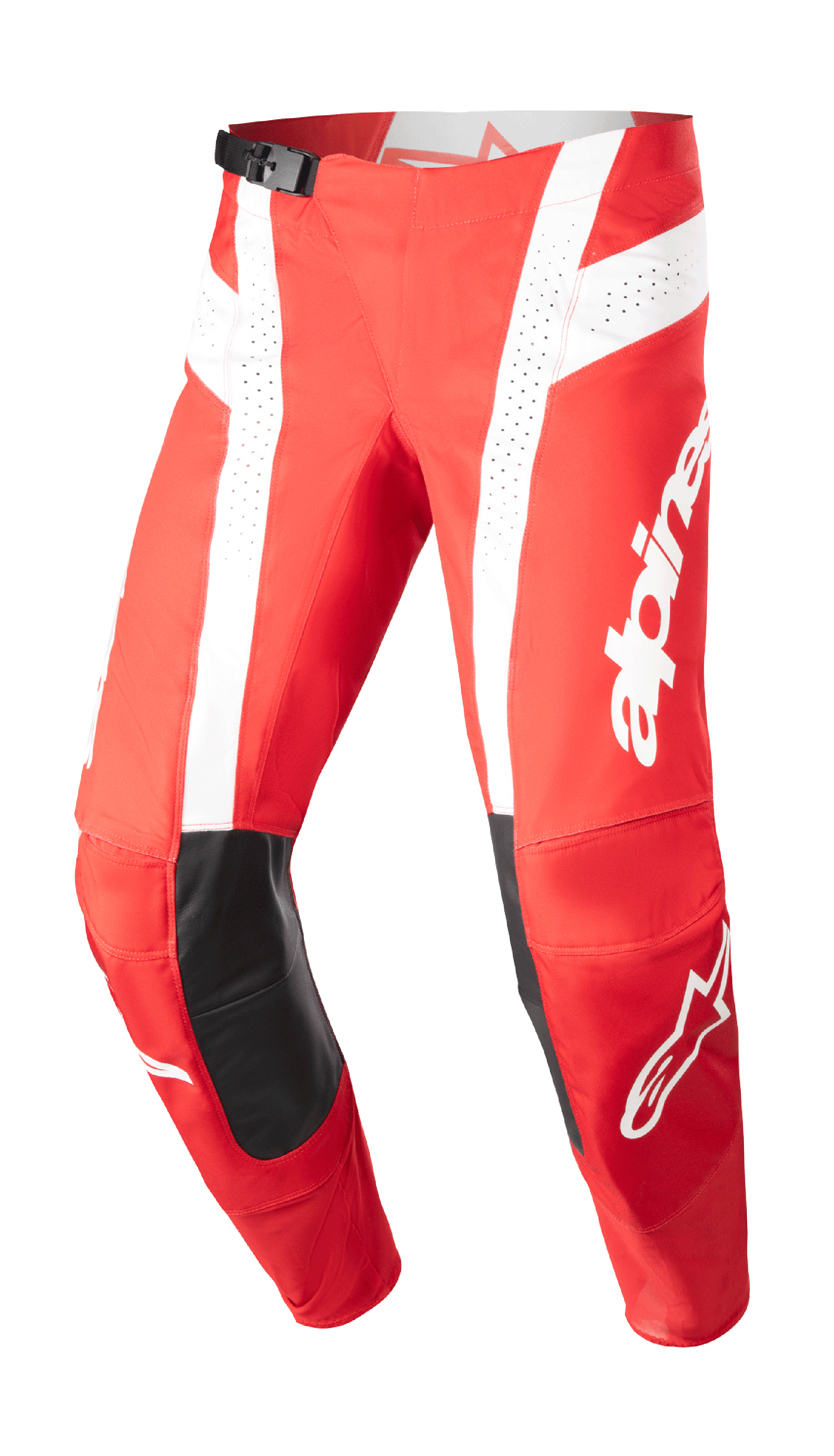 Alpinestars 2023 Techstar Arch Hose, Motocross-Hose, Mars-Rot und Weiß, schwarze Leder-Knie-Patches, perforierte Belüftungseinsätze, verstellbare Taillenschnalle, Performance Off-Road-Ausrüstung